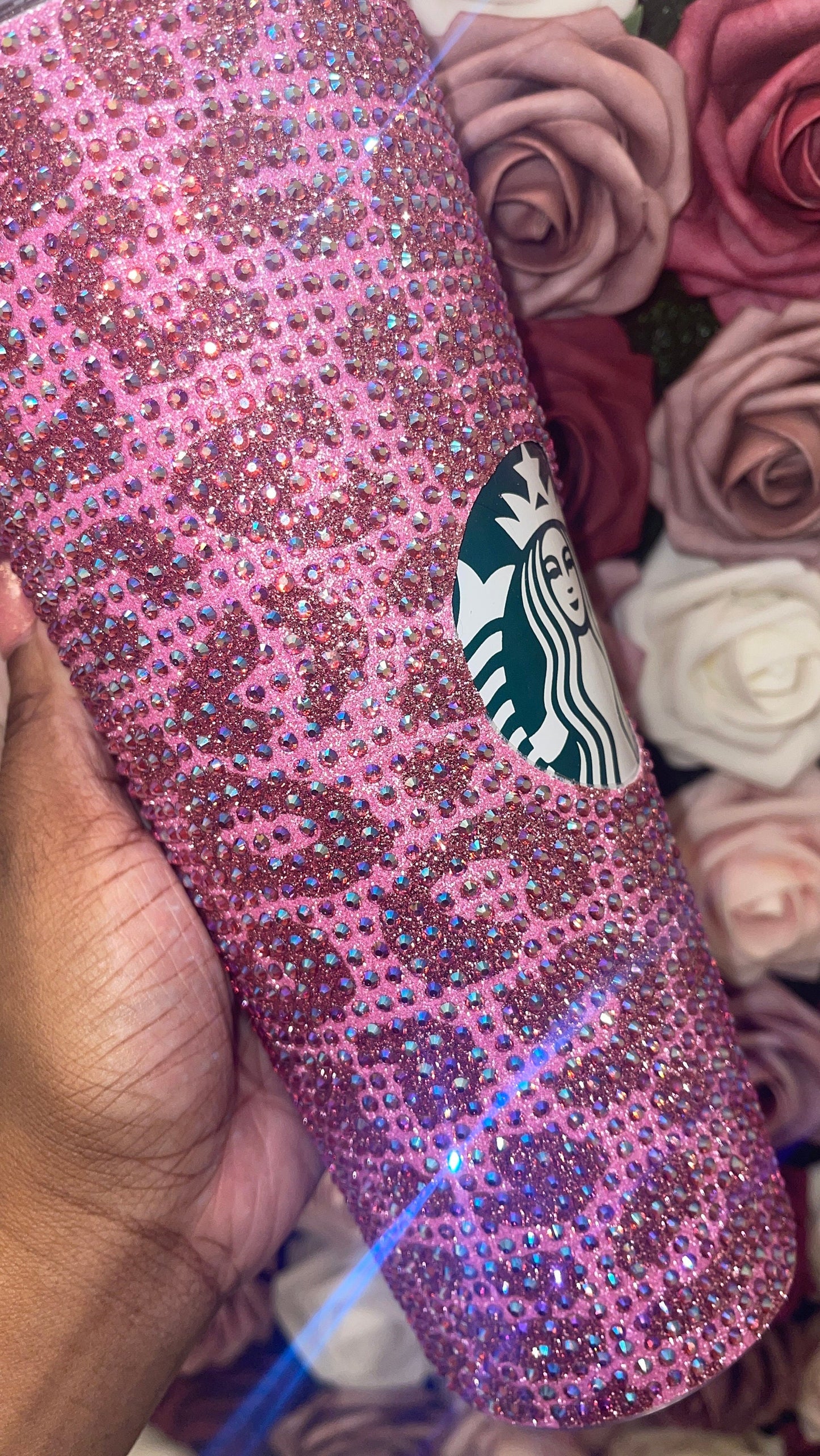 Flamingo Pink & Rose Gold Glitter HTV with Rose Pink AB Rhinestones Cheetah Leopard Print Vinyl Full Bling Venti Acrylic Starbucks Tumbler