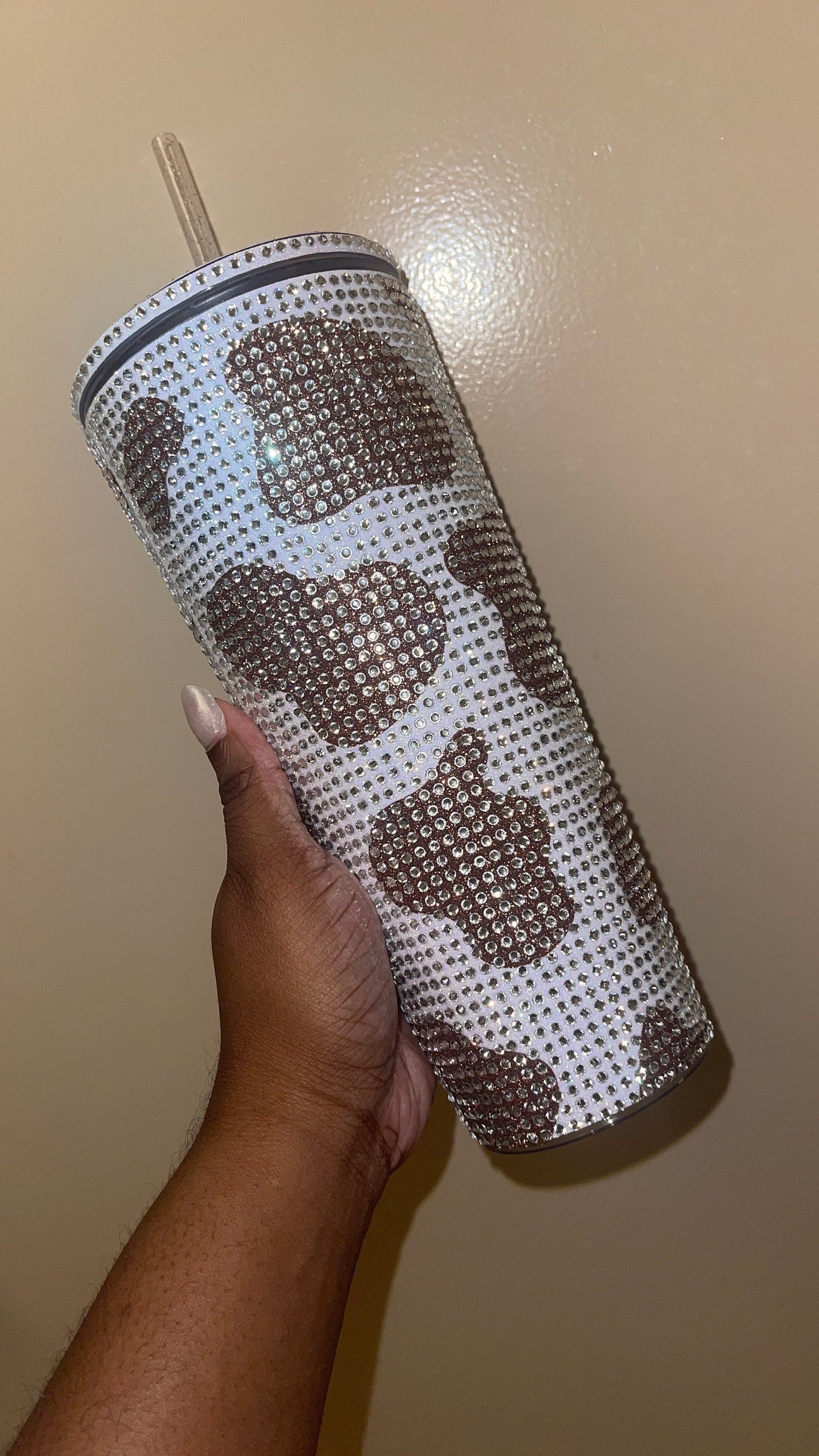 Champagne Cow Print Rainbow White with Peach Rhinestones Full Bling Venti Acrylic Starbucks Tumbler 16 or 24oz