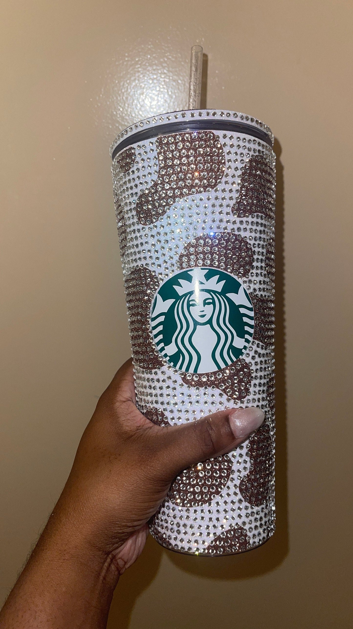 Champagne Cow Print Rainbow White with Peach Rhinestones Full Bling Venti Acrylic Starbucks Tumbler 16 or 24oz