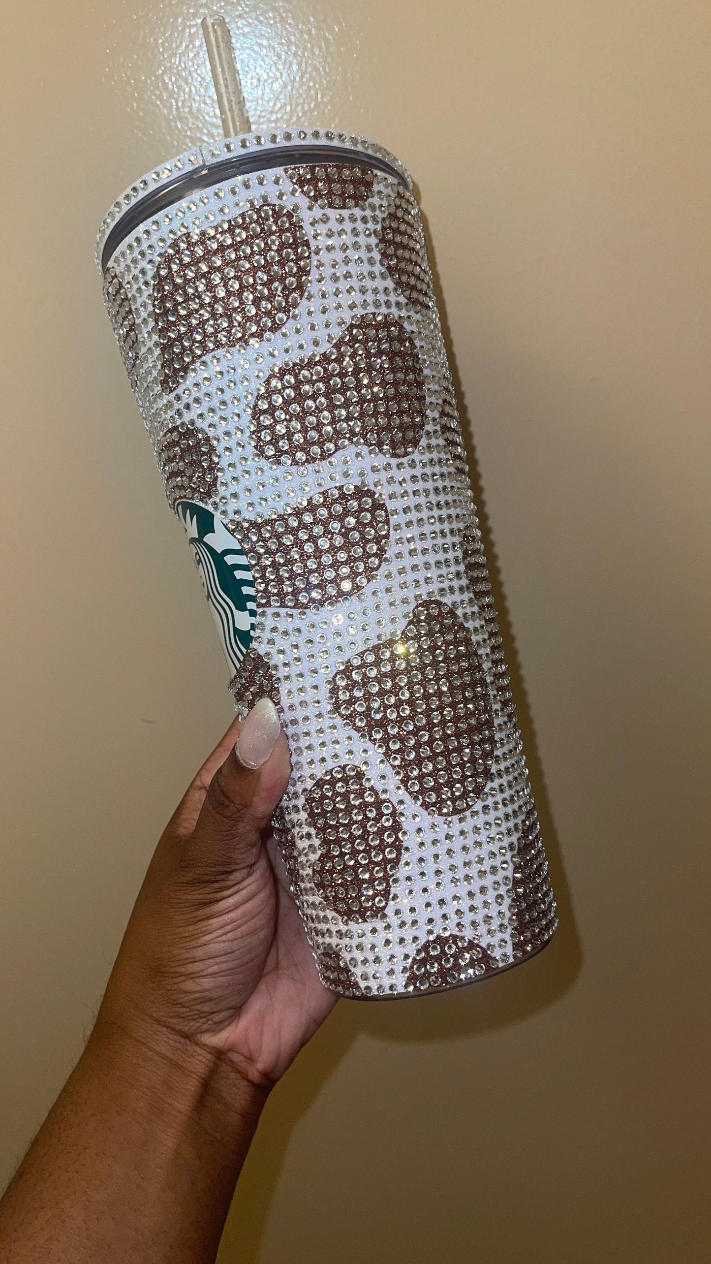 Champagne Cow Print Rainbow White with Peach Rhinestones Full Bling Venti Acrylic Starbucks Tumbler 16 or 24oz