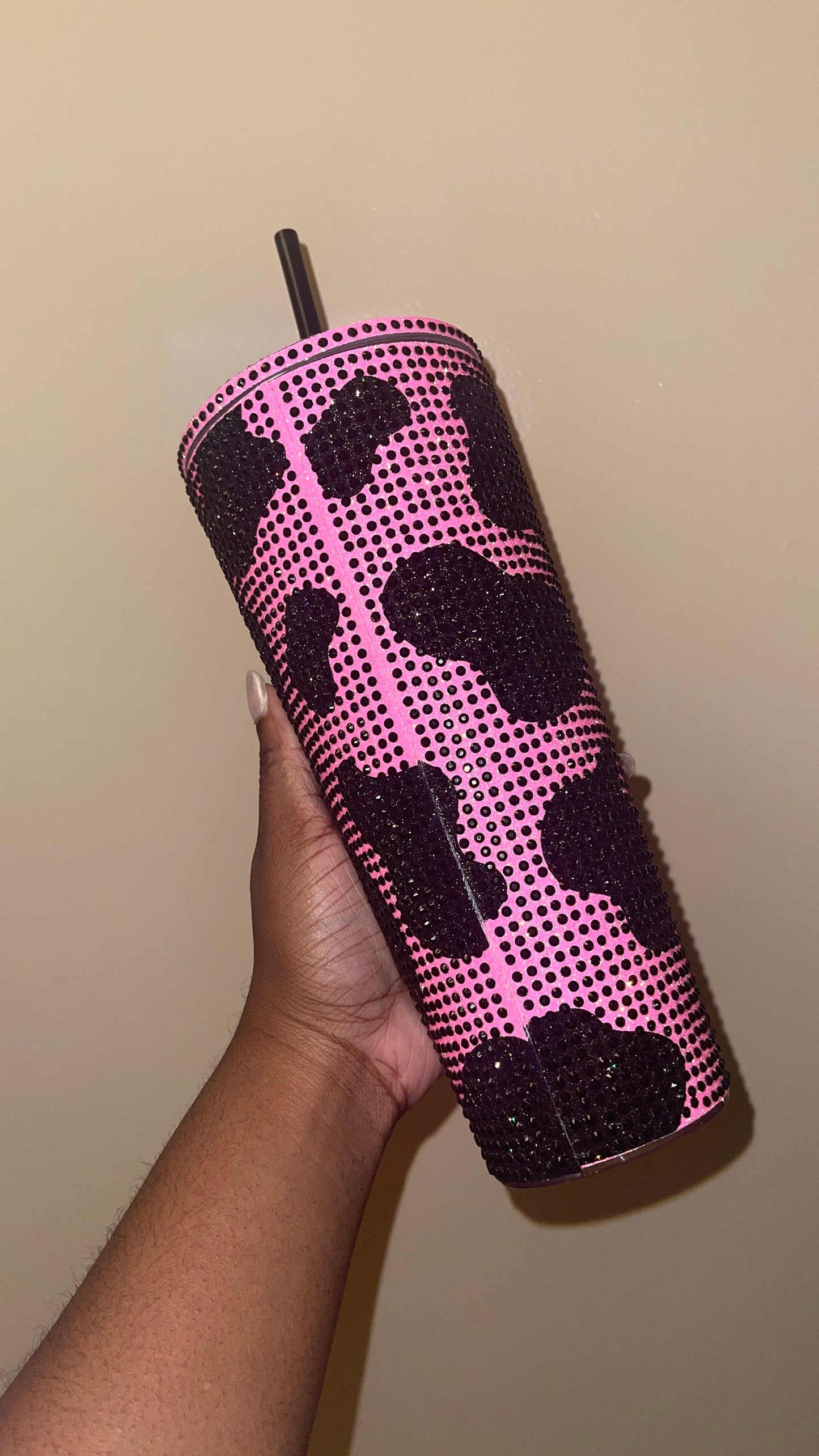 Neon Pink & Black Rhinestones Cow Print Full Bling Venti Acrylic Tumbler 16 or 24oz