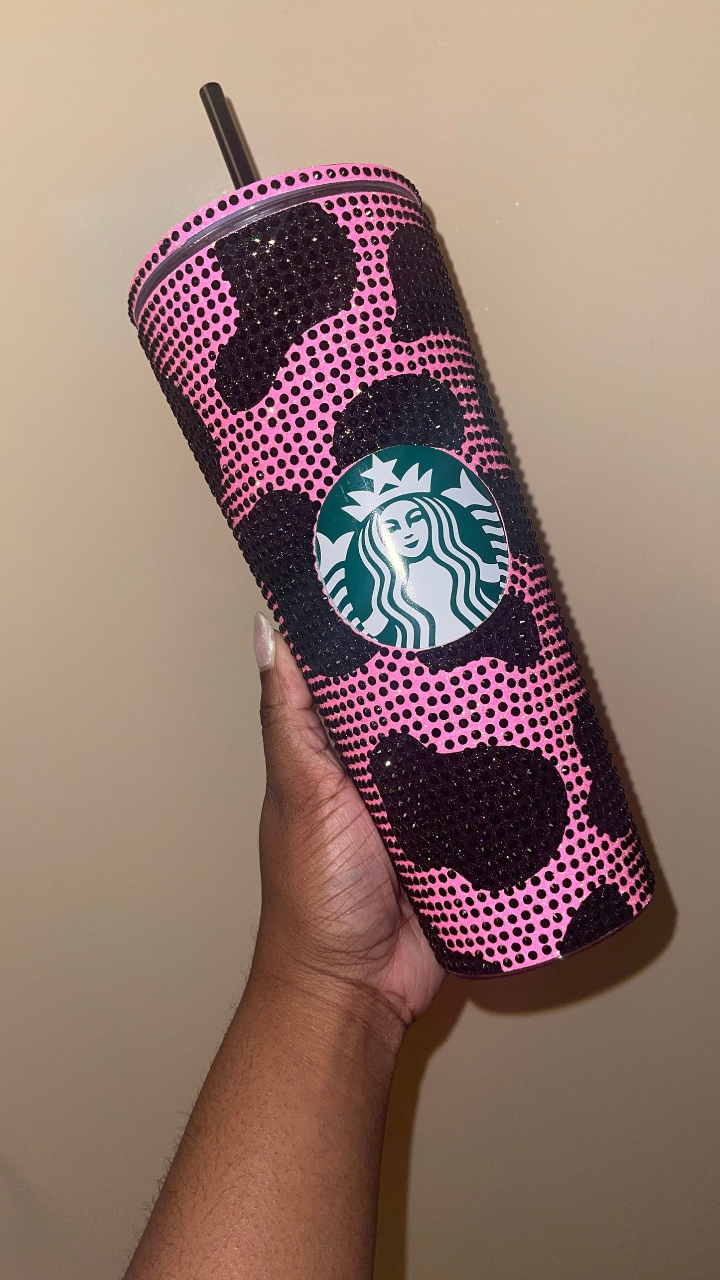 Neon Pink & Black Rhinestones Cow Print Full Bling Venti Acrylic Tumbler 16 or 24oz