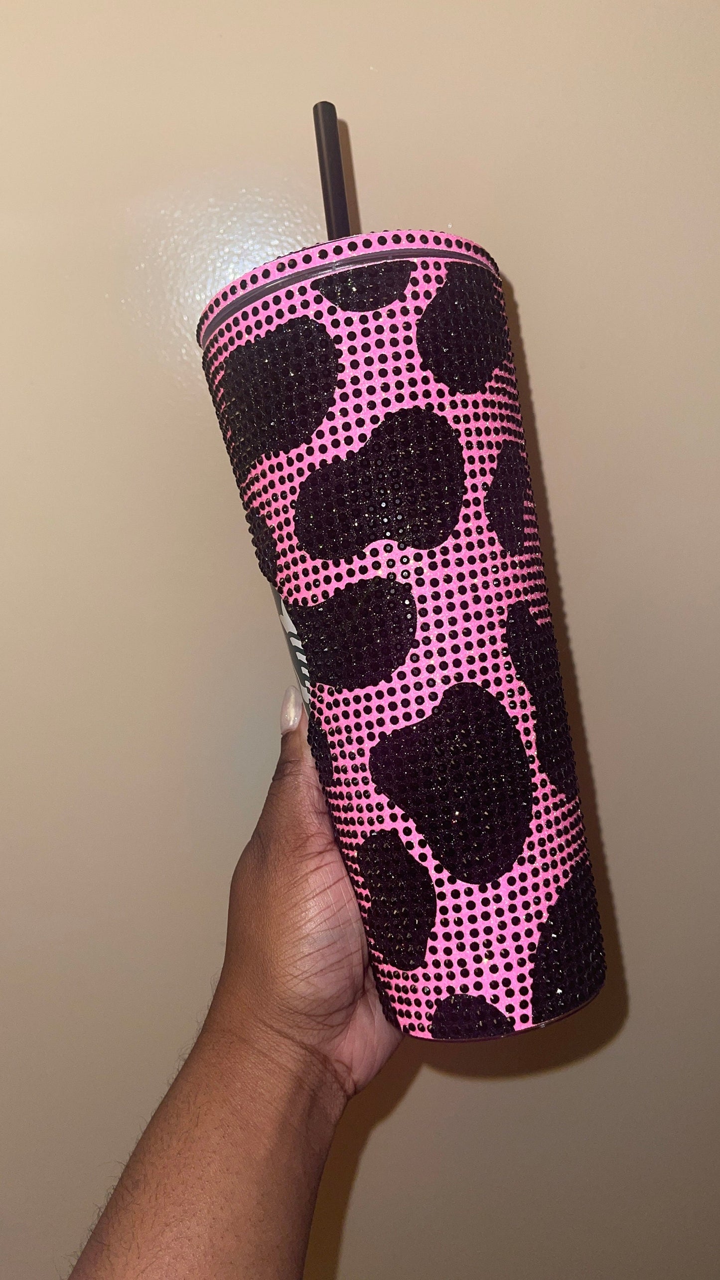 Neon Pink & Black Rhinestones Cow Print Full Bling Venti Acrylic Tumbler 16 or 24oz