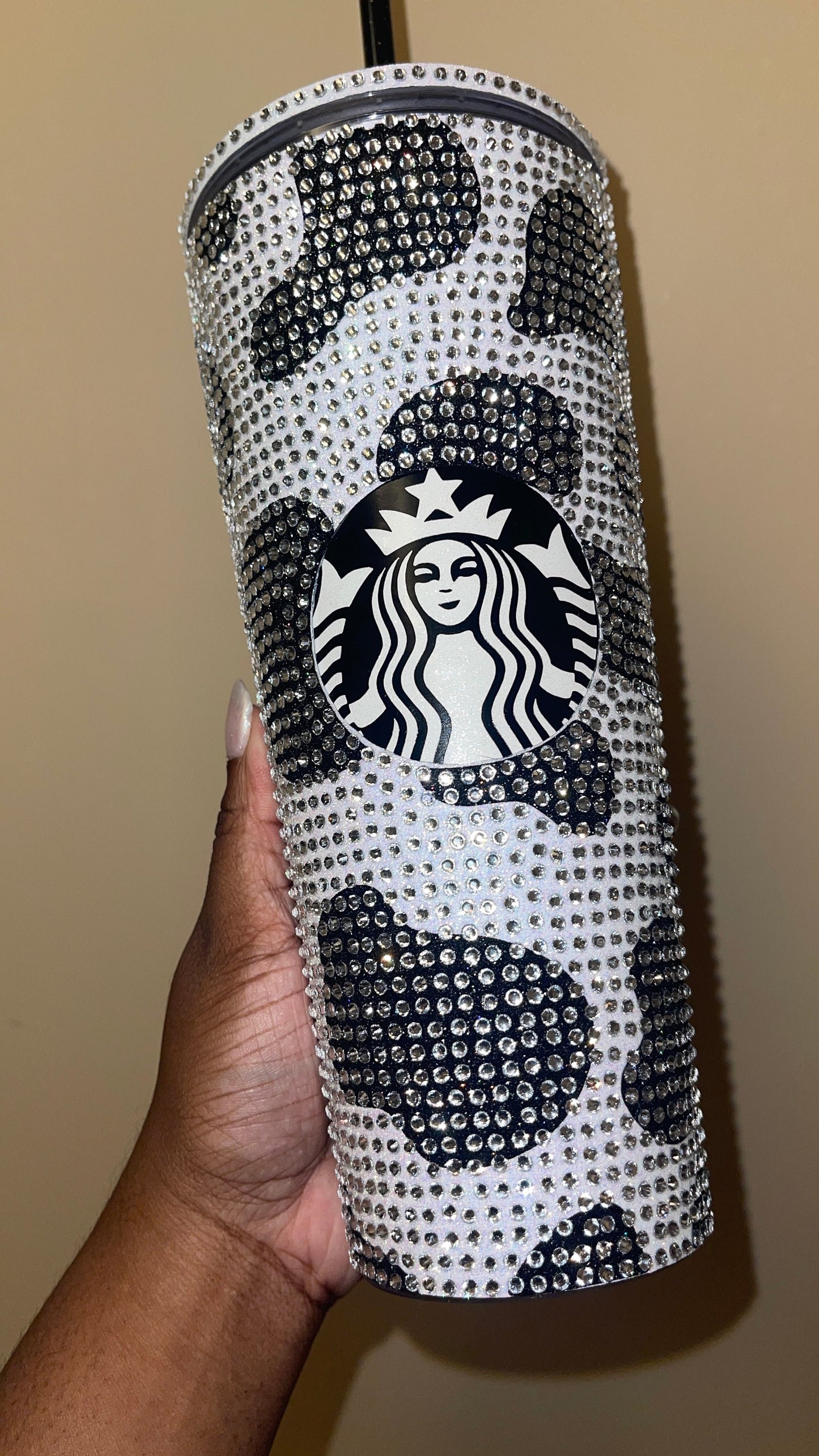 Black Cow Print Rainbow White with Black Vinyl Cow Spots with Crystal Rhinestones Full Bling Venti Acrylic Starbucks Tumbler 16 or 24oz