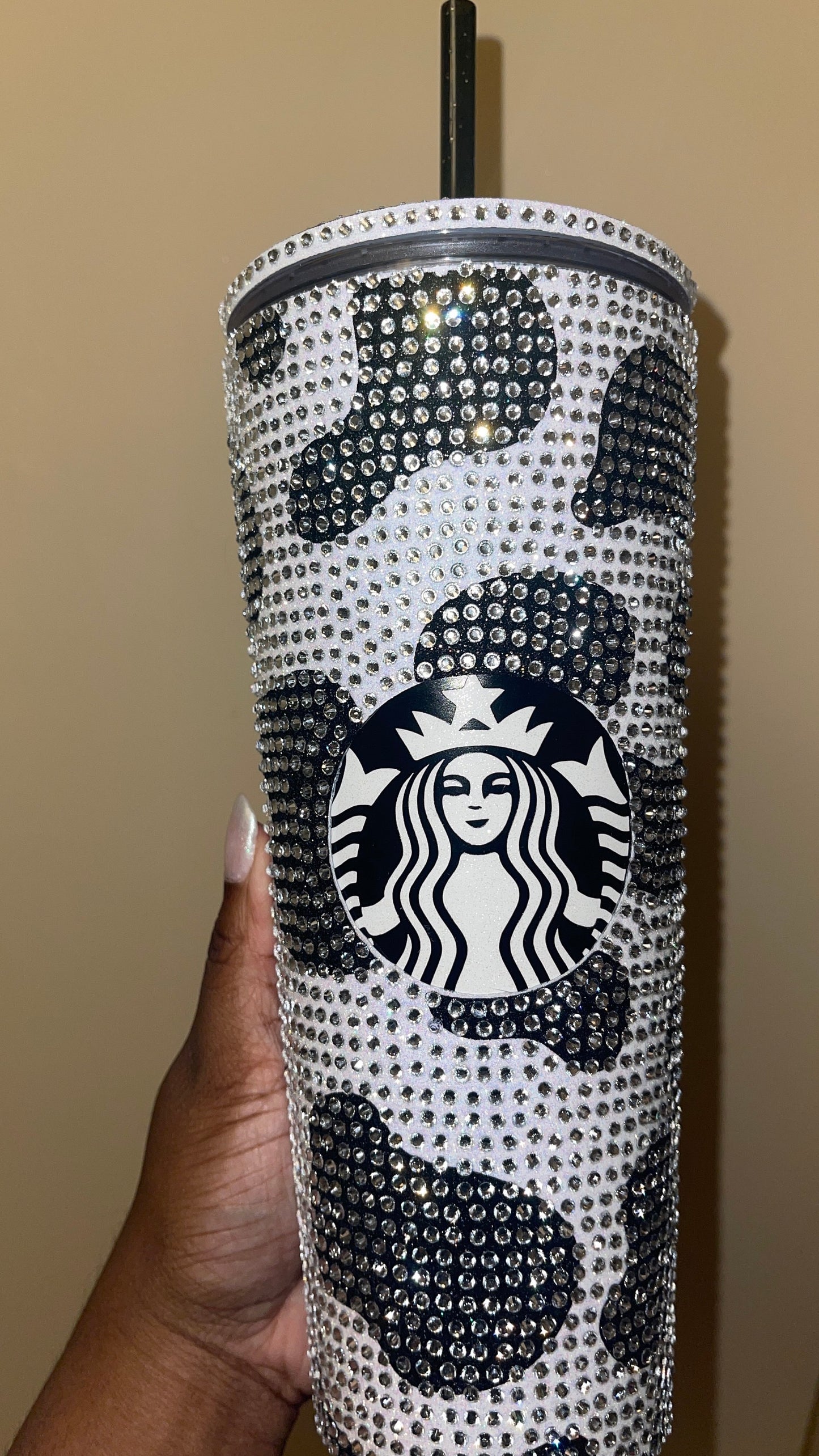 Black Cow Print Rainbow White with Black Vinyl Cow Spots with Crystal Rhinestones Full Bling Venti Acrylic Starbucks Tumbler 16 or 24oz