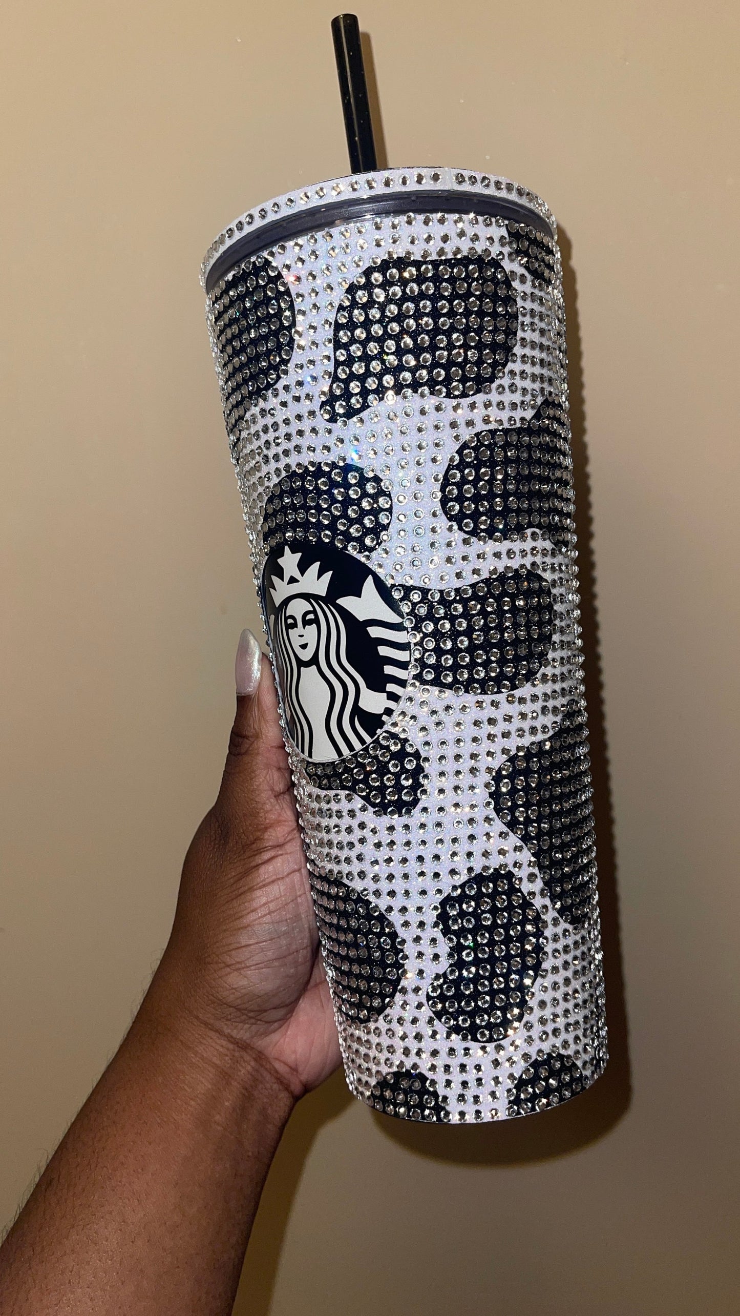 Black Cow Print Rainbow White with Black Vinyl Cow Spots with Crystal Rhinestones Full Bling Venti Acrylic Starbucks Tumbler 16 or 24oz