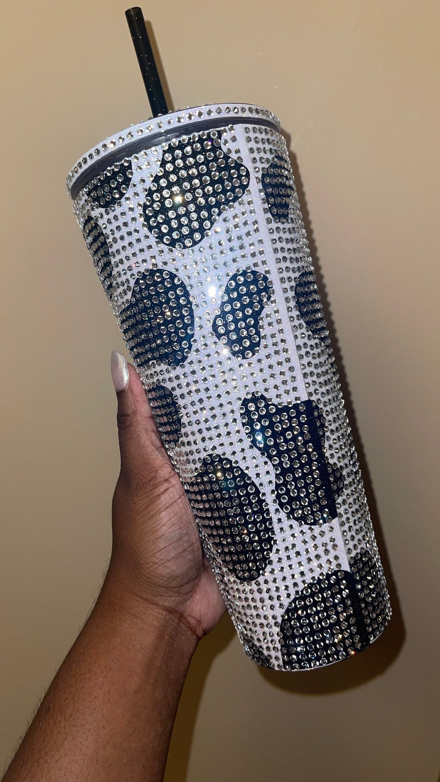 Black Cow Print Rainbow White with Black Vinyl Cow Spots with Crystal Rhinestones Full Bling Venti Acrylic Starbucks Tumbler 16 or 24oz