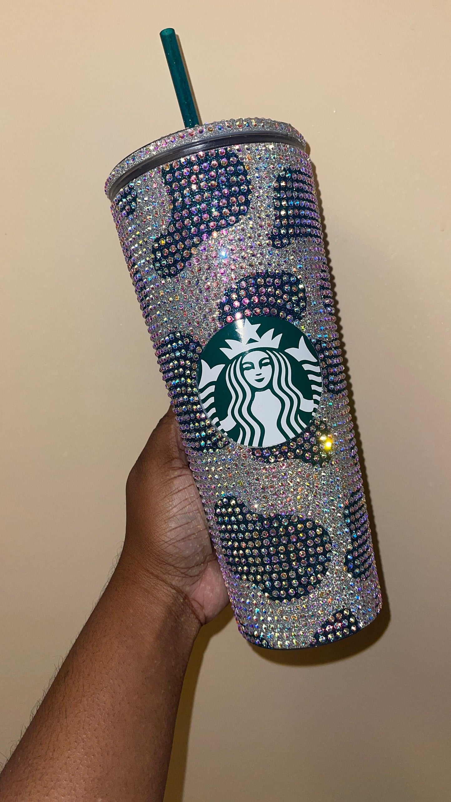 Silver Cow Print with Lagoon Vinyl Cow Spots with Crystal AB Rhinestones Full Bling Venti Acrylic Starbucks Tumbler 16 or 24oz