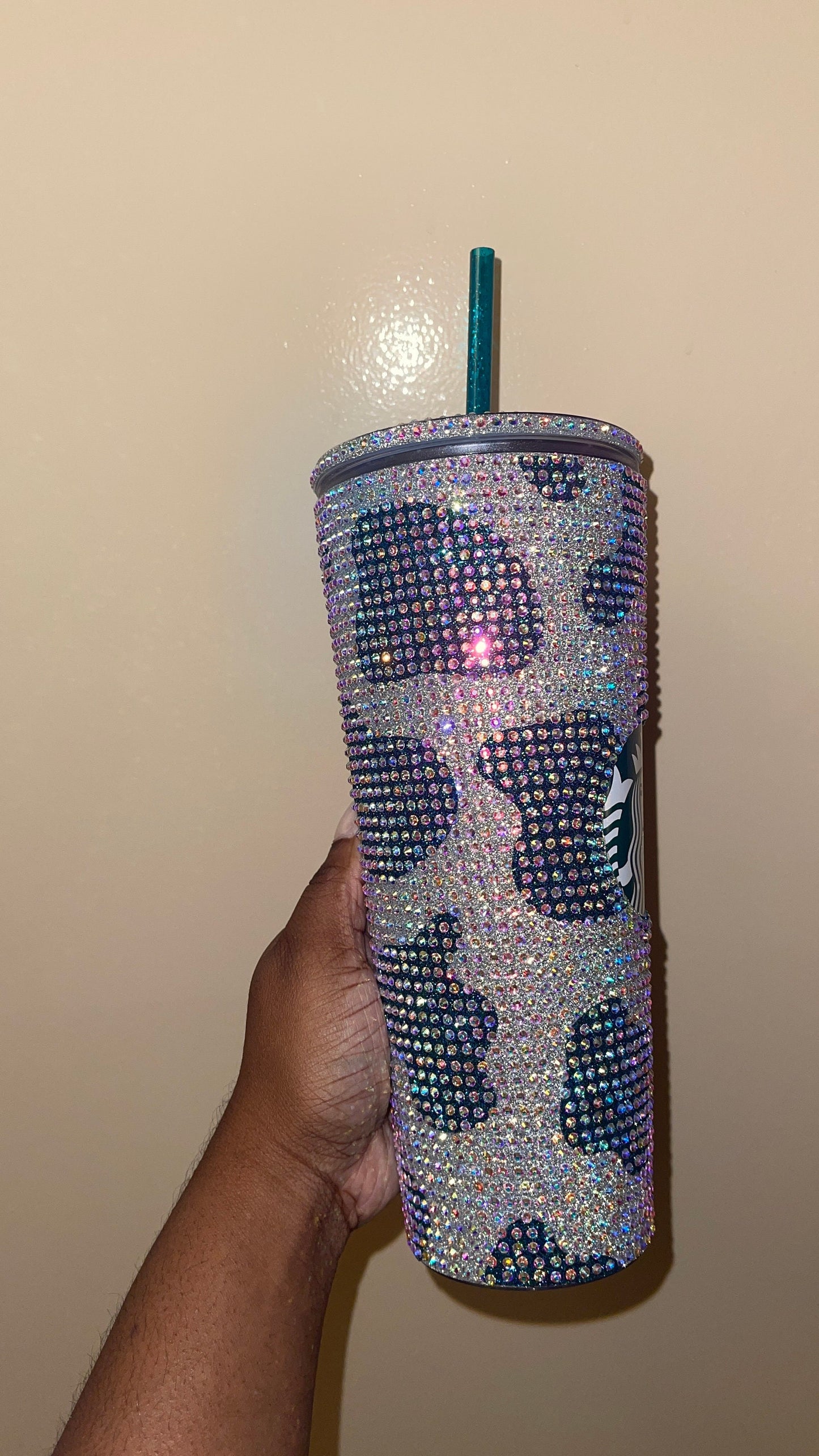 Silver Cow Print with Lagoon Vinyl Cow Spots with Crystal AB Rhinestones Full Bling Venti Acrylic Starbucks Tumbler 16 or 24oz