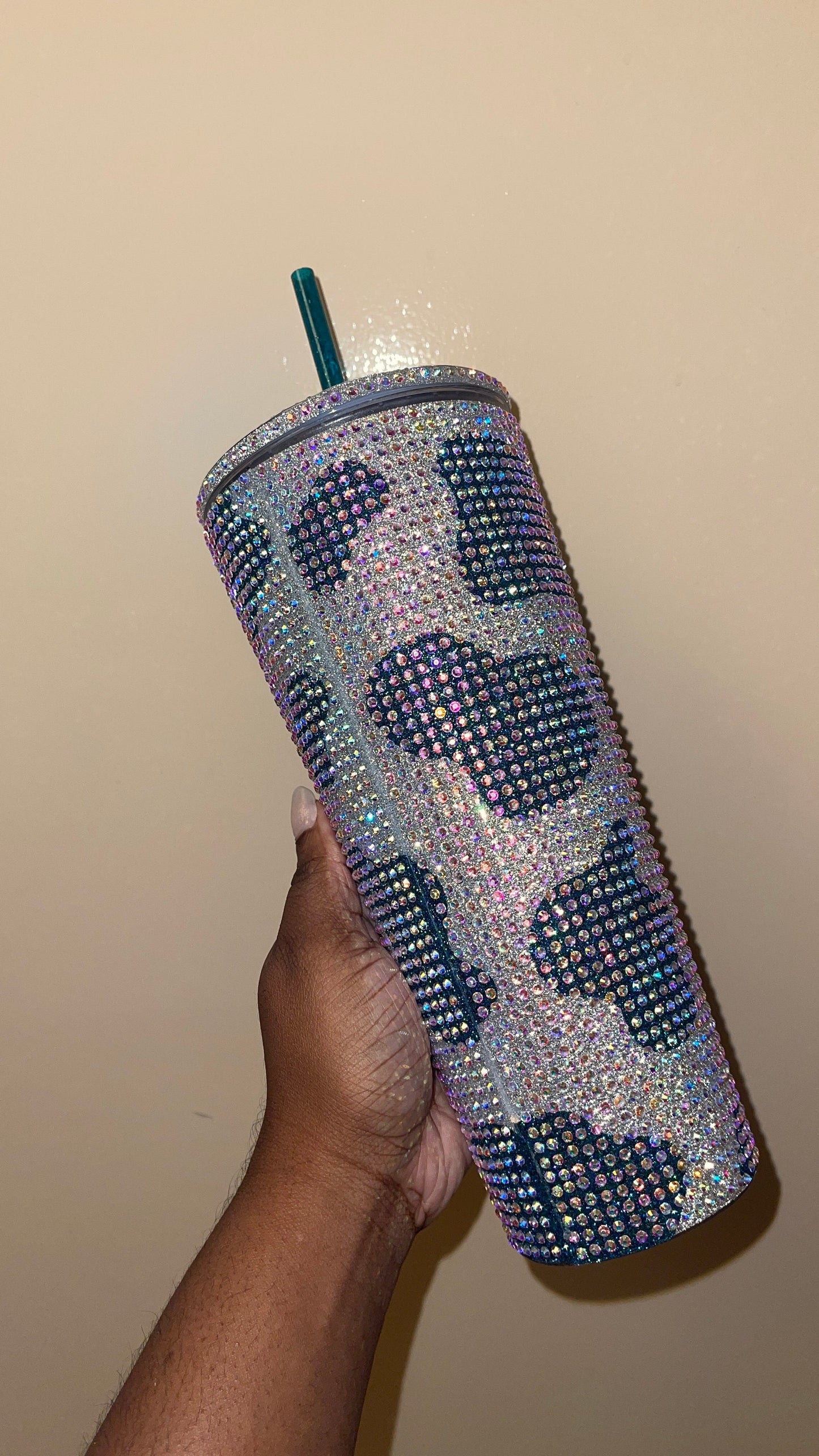 Silver Cow Print with Lagoon Vinyl Cow Spots with Crystal AB Rhinestones Full Bling Venti Acrylic Starbucks Tumbler 16 or 24oz