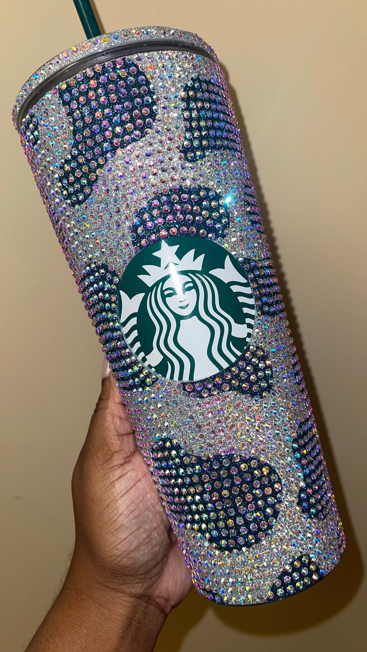 Silver Cow Print with Lagoon Vinyl Cow Spots with Crystal AB Rhinestones Full Bling Venti Acrylic Starbucks Tumbler 16 or 24oz