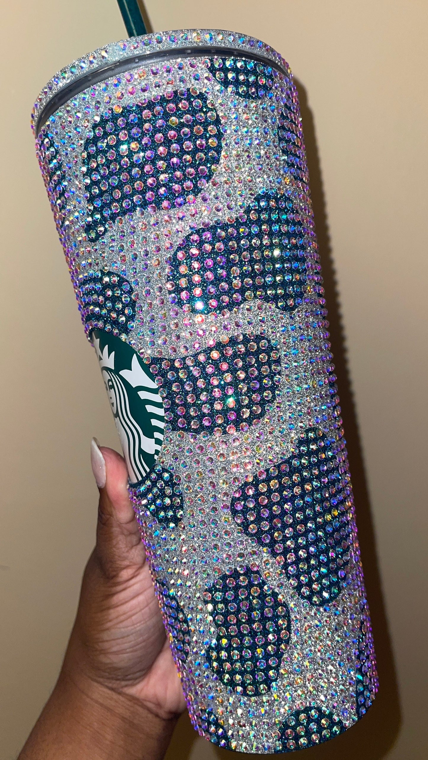 Silver Cow Print with Lagoon Vinyl Cow Spots with Crystal AB Rhinestones Full Bling Venti Acrylic Starbucks Tumbler 16 or 24oz