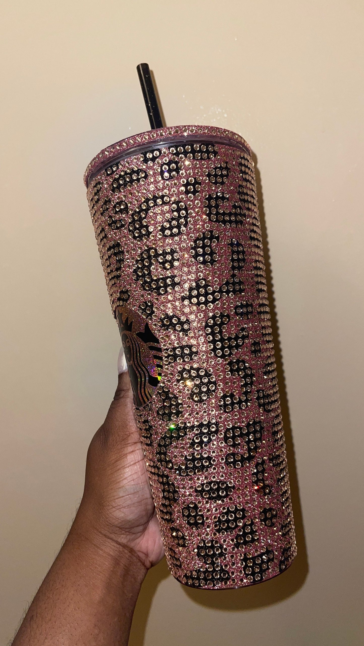 Rose Gold & Black Glitter HTV with Peach Rhinestones Cheetah Leopard Print Vinyl Full Bling Venti Acrylic Tumbler