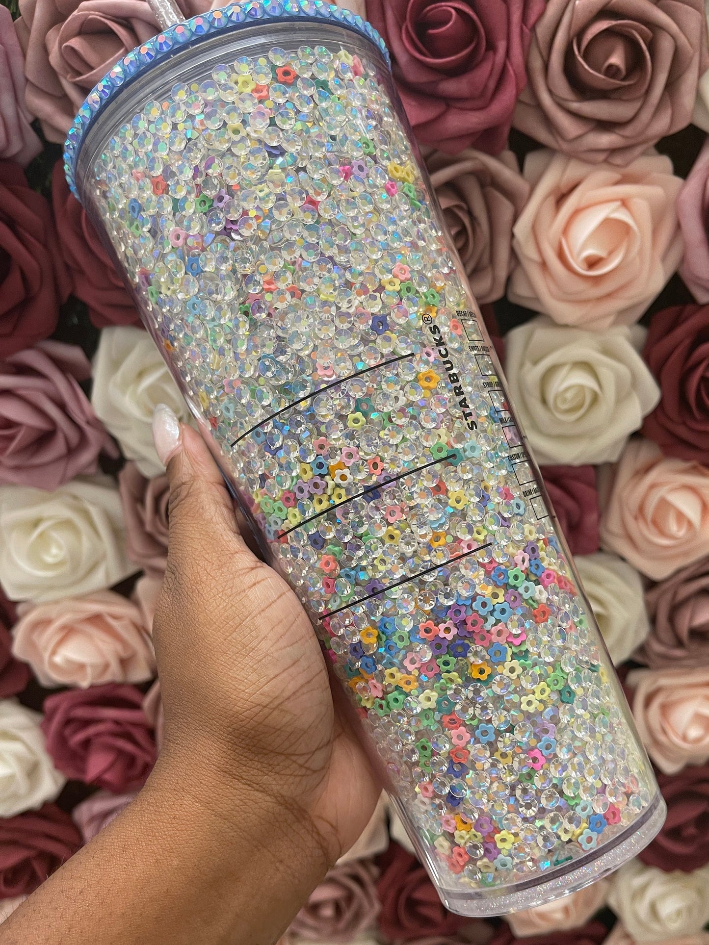Starbucks Clear AB Rhinestones with Colorful Flower Polymer Clay,Rhinestone Filled Tumbler,Rhinestone Lid
