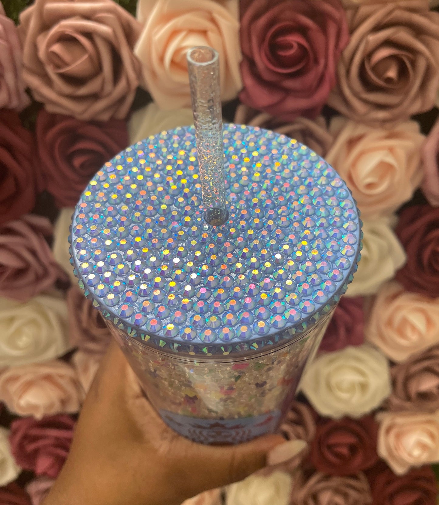 Starbucks Clear AB Rhinestones with Colorful Flower Polymer Clay,Rhinestone Filled Tumbler,Rhinestone Lid