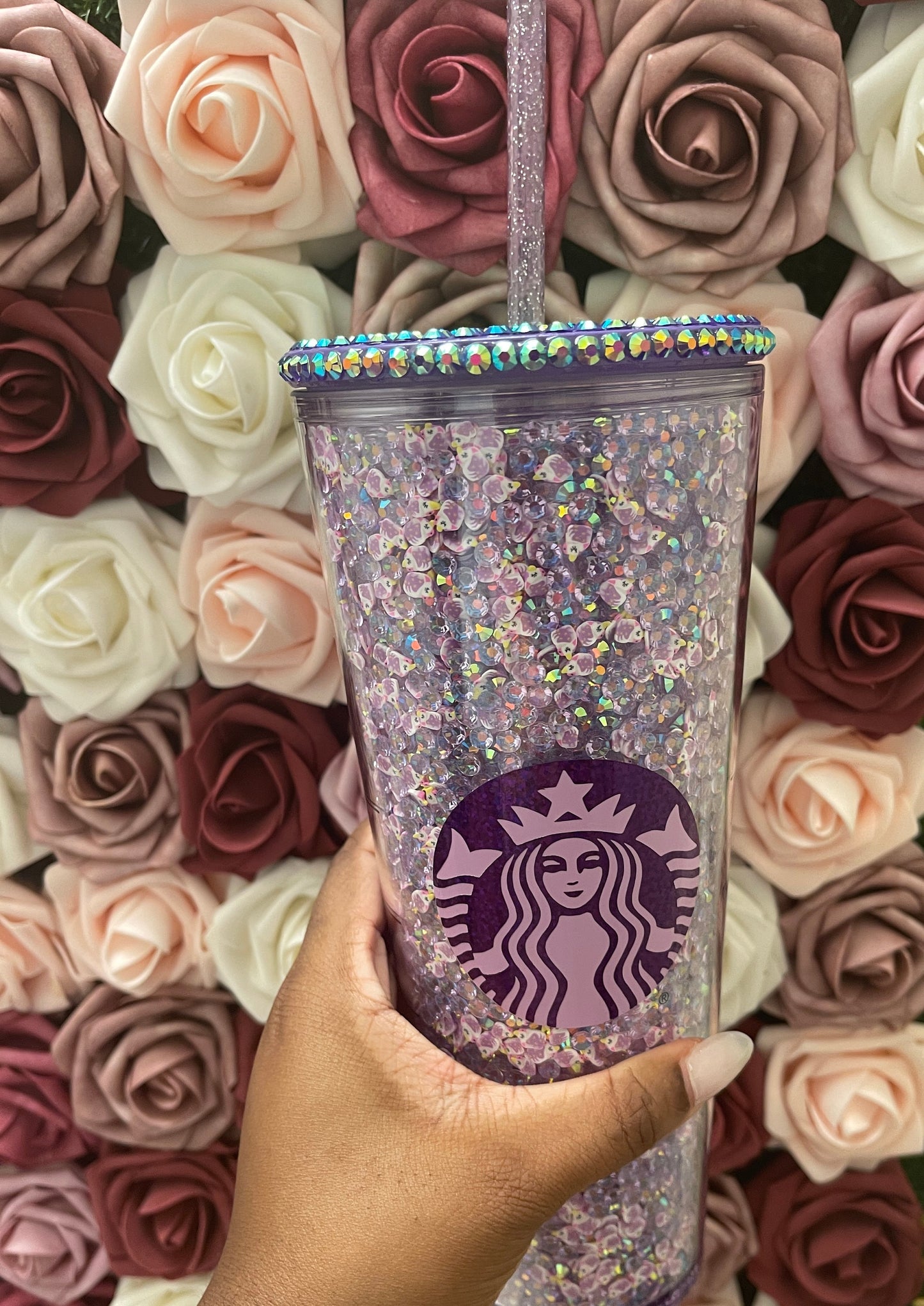 Starbucks Light Purple AB Rhinestones with Unicorn Polymer Clay,Rhinestone Filled Tumbler,Rhinestone Lid