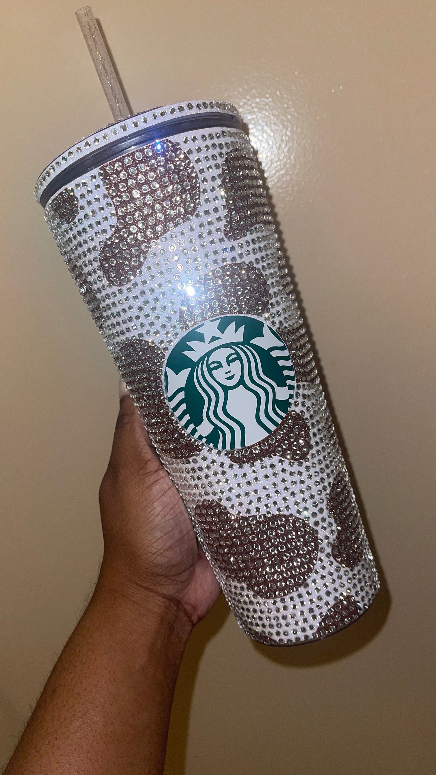 Champagne Cow Print Rainbow White with Peach Rhinestones Full Bling Venti Acrylic Starbucks Tumbler 16 or 24oz