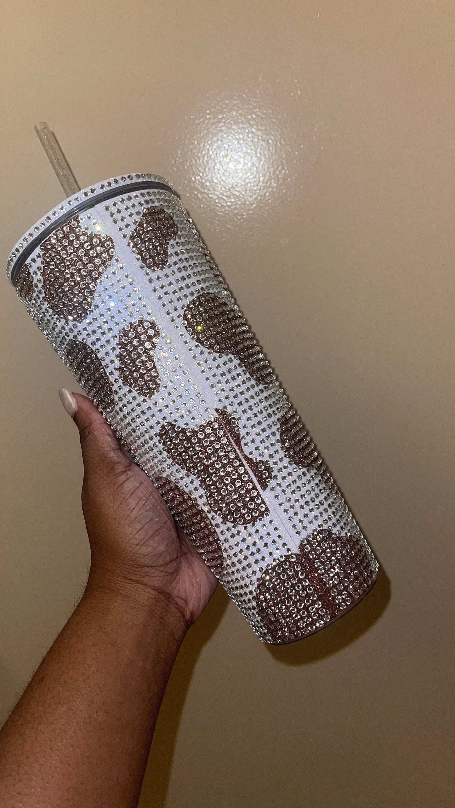 Champagne Cow Print Rainbow White with Peach Rhinestones Full Bling Venti Acrylic Starbucks Tumbler 16 or 24oz