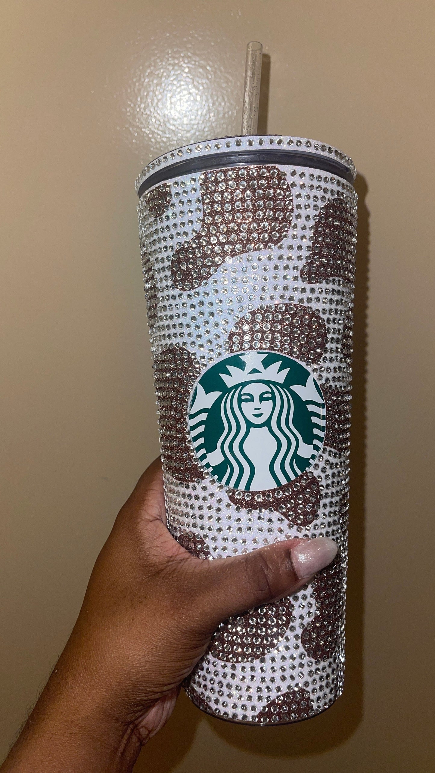 Champagne Cow Print Rainbow White with Peach Rhinestones Full Bling Venti Acrylic Starbucks Tumbler 16 or 24oz