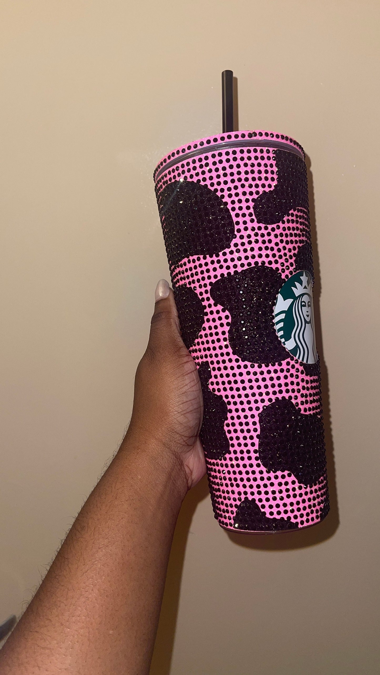 Neon Pink & Black Rhinestones Cow Print Full Bling Venti Acrylic Tumbler 16 or 24oz