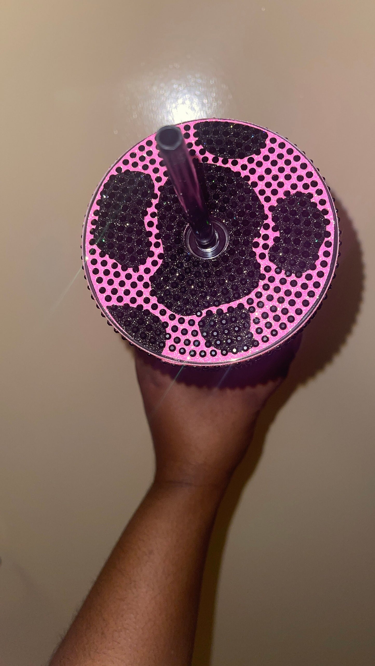 Neon Pink & Black Rhinestones Cow Print Full Bling Venti Acrylic Tumbler 16 or 24oz