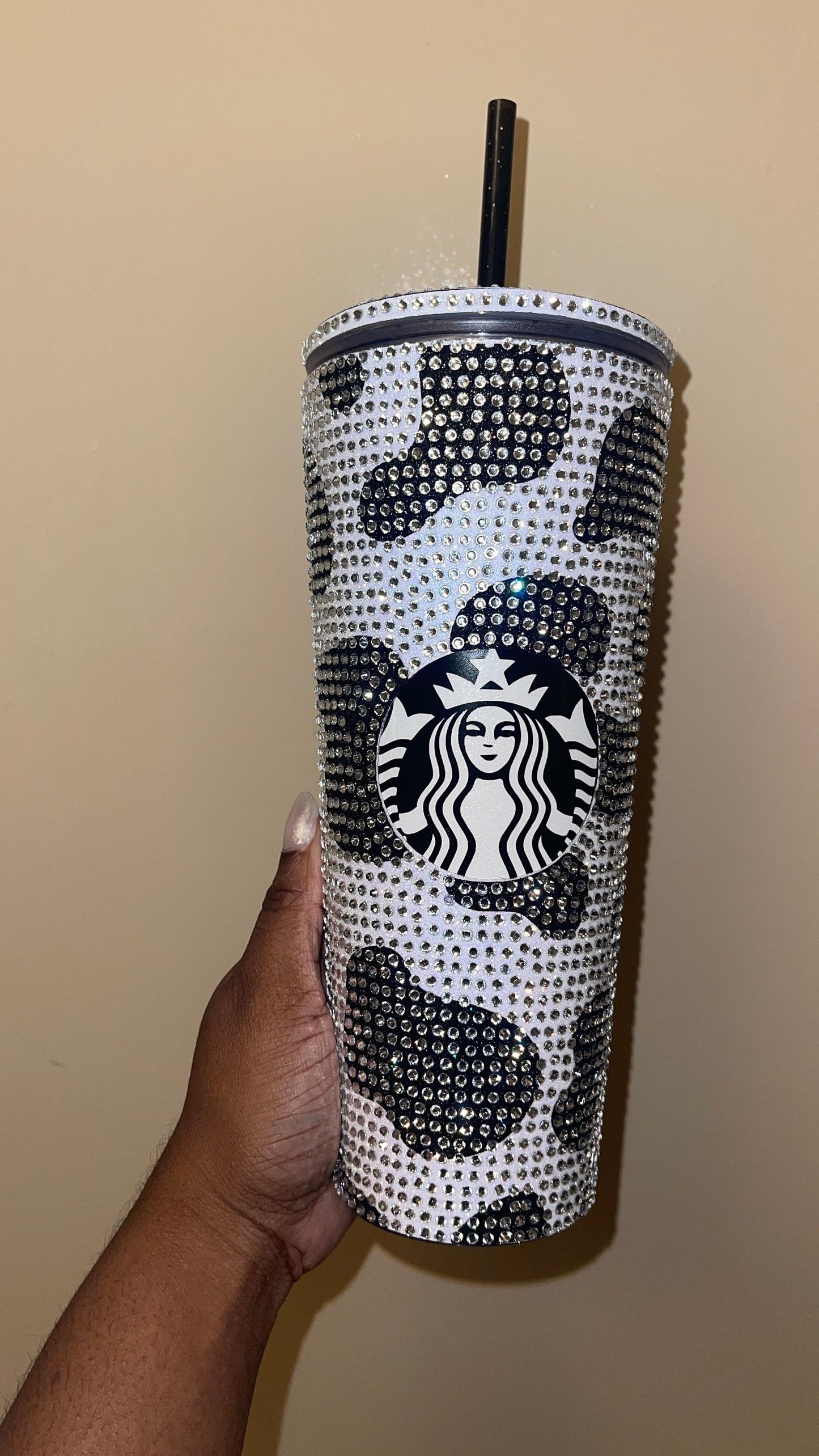 Black Cow Print Rainbow White with Black Vinyl Cow Spots with Crystal Rhinestones Full Bling Venti Acrylic Starbucks Tumbler 16 or 24oz