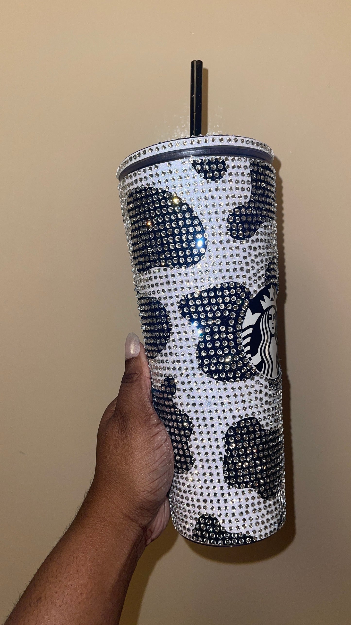 Black Cow Print Rainbow White with Black Vinyl Cow Spots with Crystal Rhinestones Full Bling Venti Acrylic Starbucks Tumbler 16 or 24oz