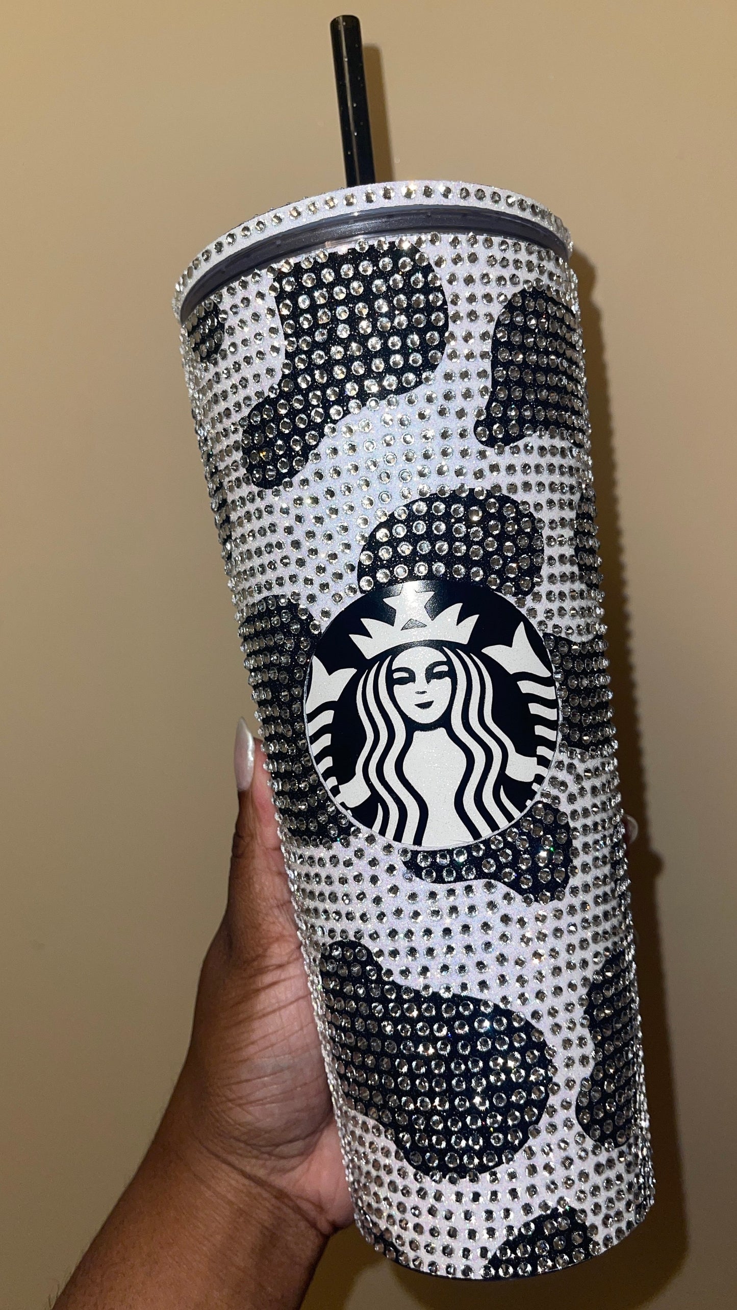 Black Cow Print Rainbow White with Black Vinyl Cow Spots with Crystal Rhinestones Full Bling Venti Acrylic Starbucks Tumbler 16 or 24oz