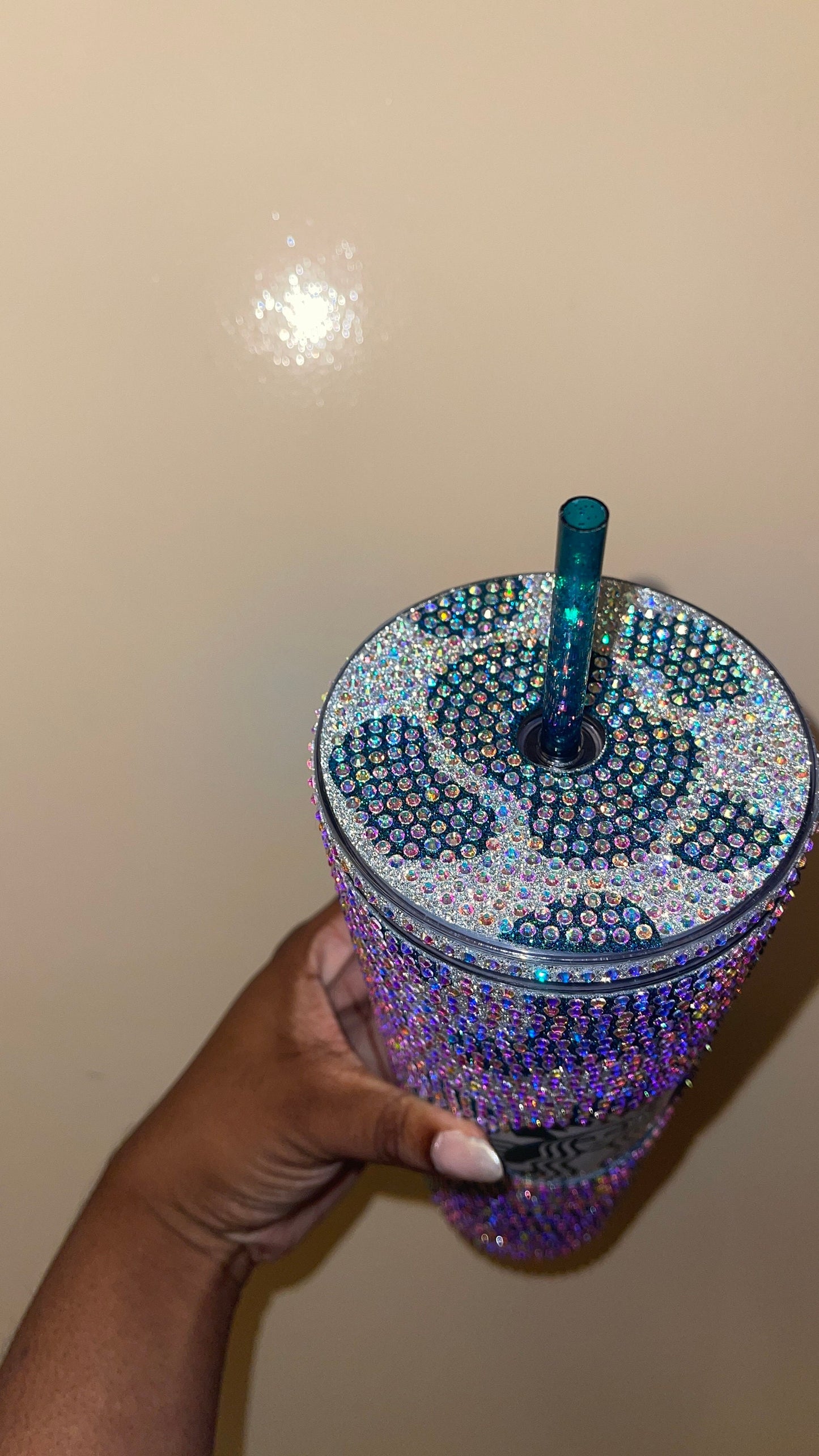 Silver Cow Print with Lagoon Vinyl Cow Spots with Crystal AB Rhinestones Full Bling Venti Acrylic Starbucks Tumbler 16 or 24oz