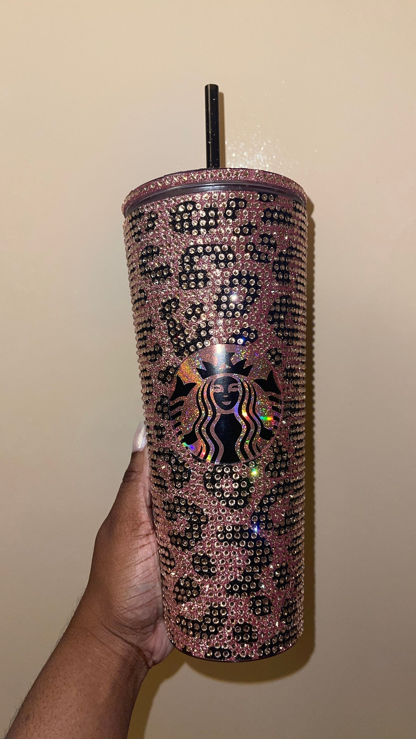 Rose Gold & Black Glitter HTV with Peach Rhinestones Cheetah Leopard Print Vinyl Full Bling Venti Acrylic Tumbler