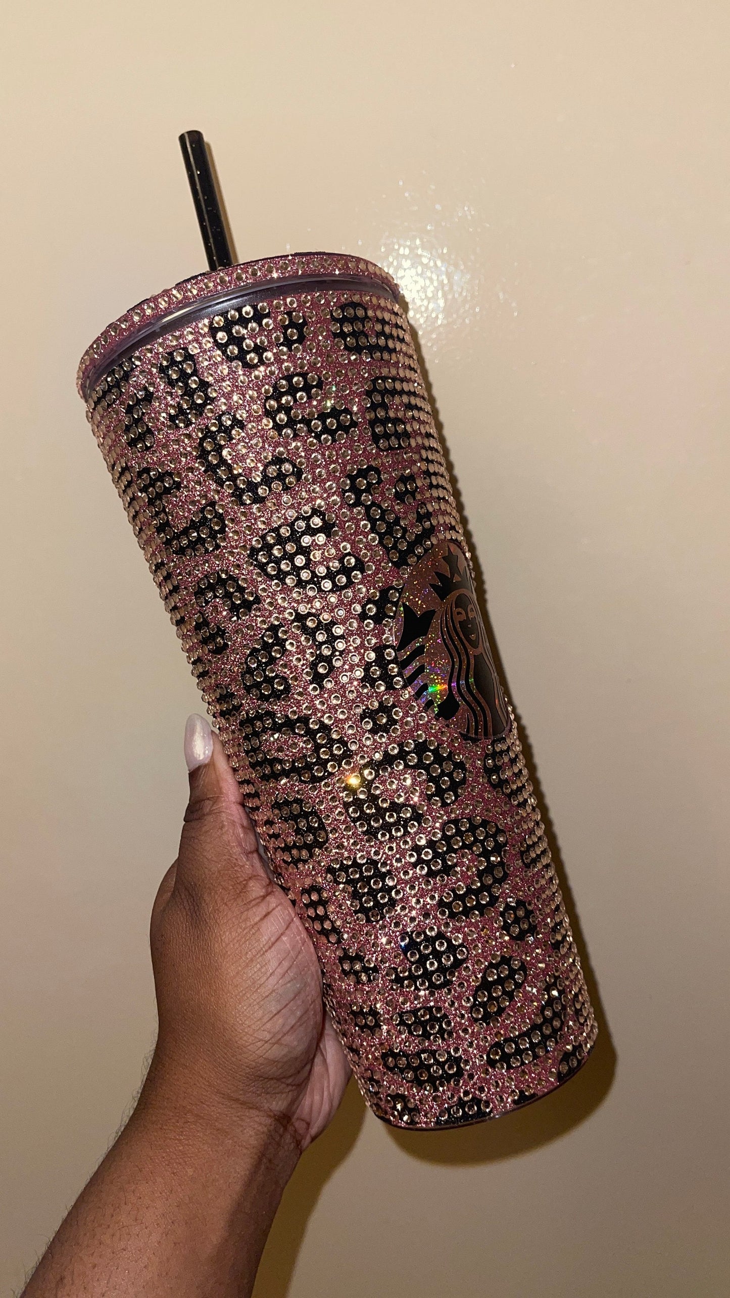 Rose Gold & Black Glitter HTV with Peach Rhinestones Cheetah Leopard Print Vinyl Full Bling Venti Acrylic Tumbler