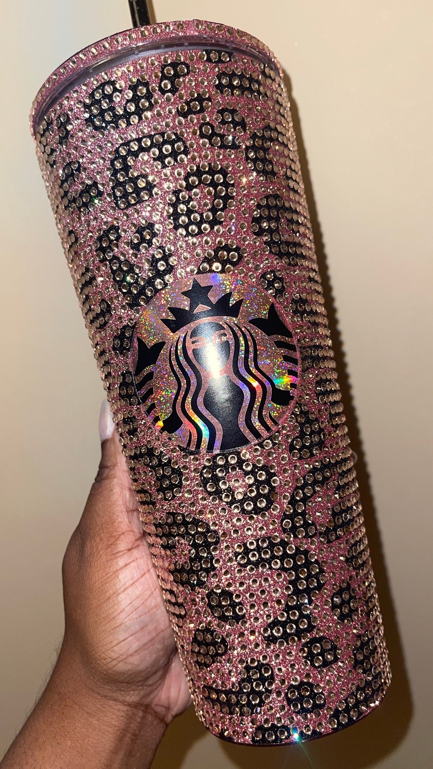 Rose Gold & Black Glitter HTV with Peach Rhinestones Cheetah Leopard Print Vinyl Full Bling Venti Acrylic Tumbler