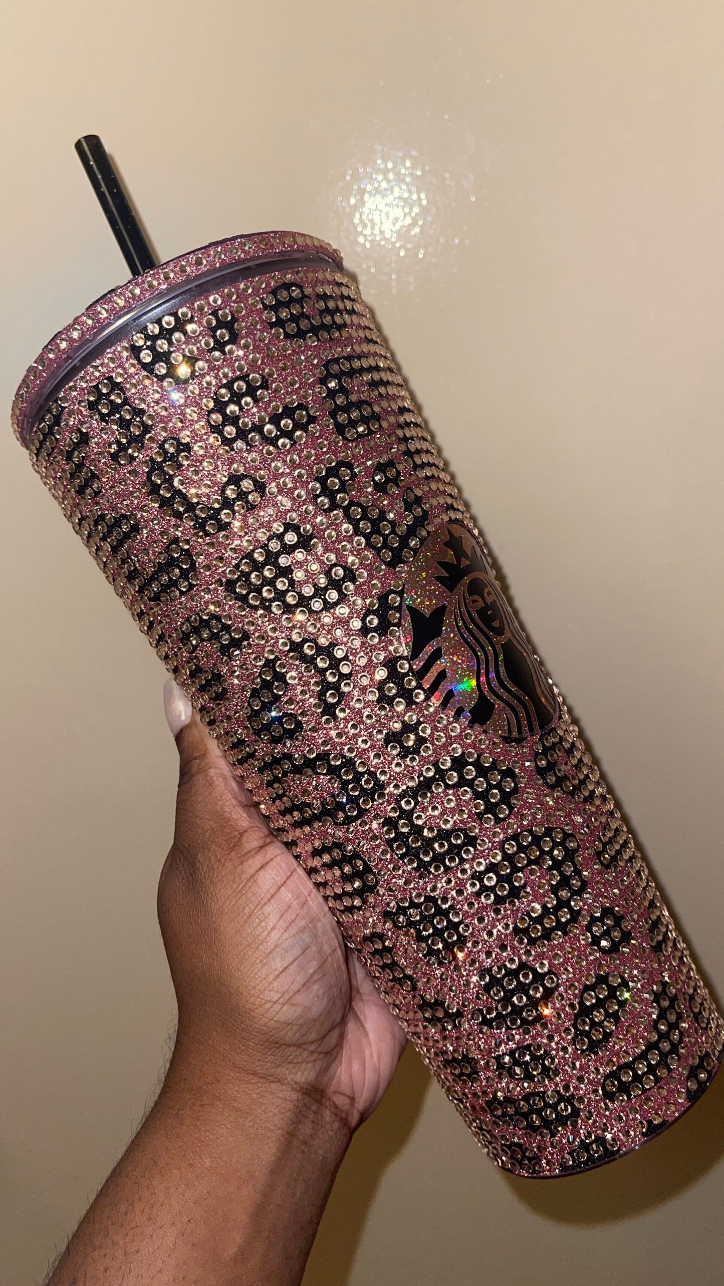 Rose Gold & Black Glitter HTV with Peach Rhinestones Cheetah Leopard Print Vinyl Full Bling Venti Acrylic Tumbler