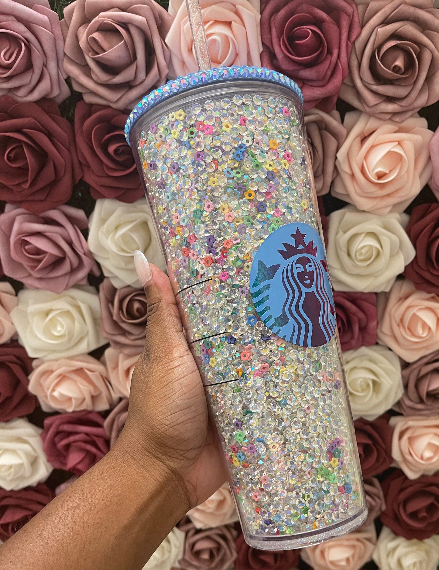Starbucks Clear AB Rhinestones with Colorful Flower Polymer Clay,Rhinestone Filled Tumbler,Rhinestone Lid