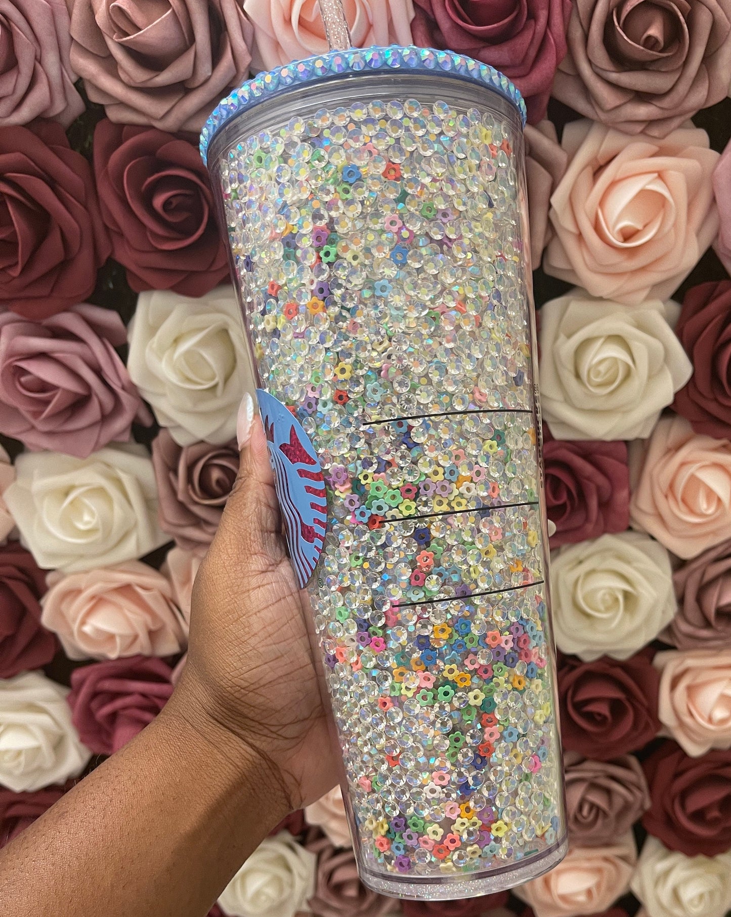 Starbucks Clear AB Rhinestones with Colorful Flower Polymer Clay,Rhinestone Filled Tumbler,Rhinestone Lid