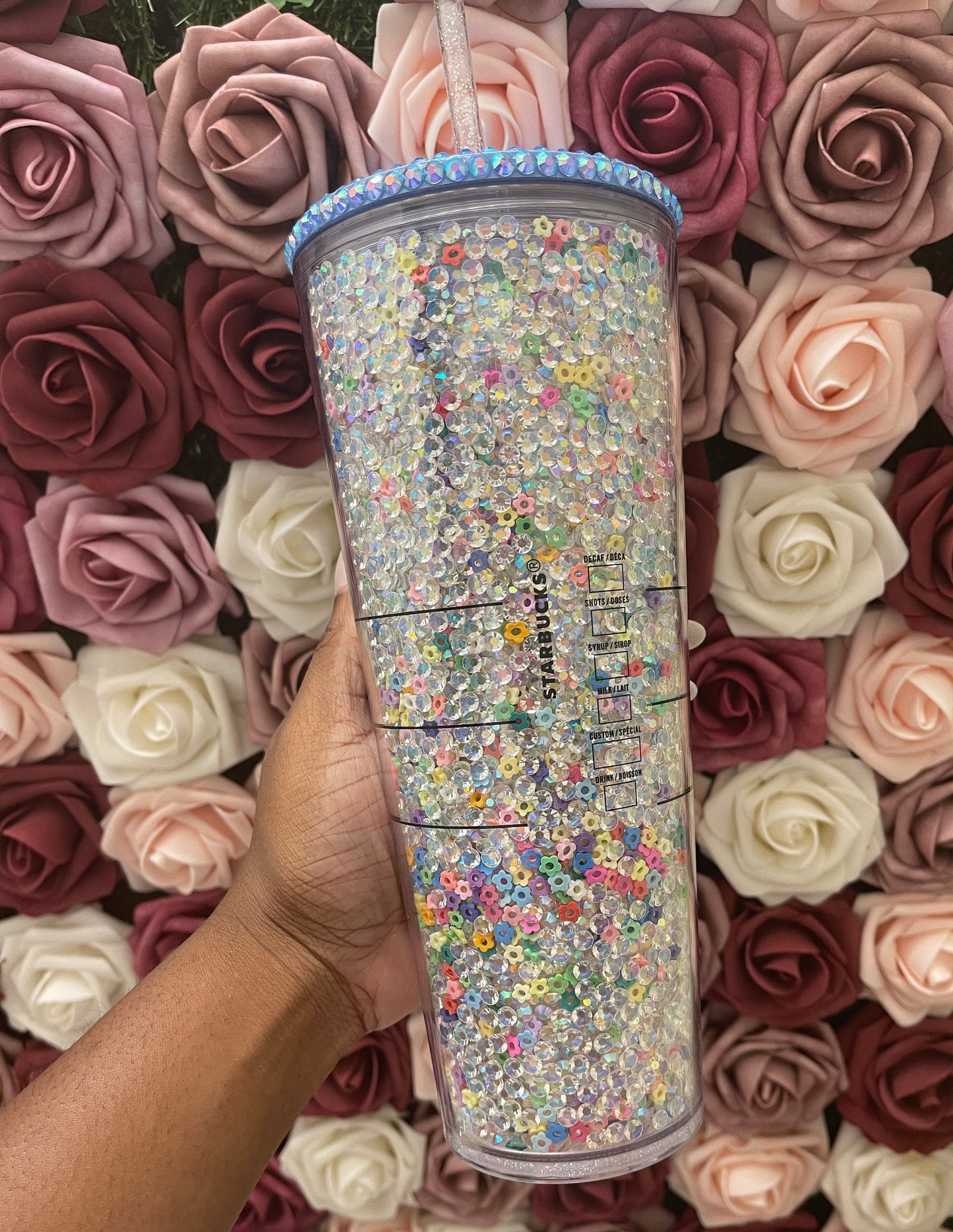 Starbucks Clear AB Rhinestones with Colorful Flower Polymer Clay,Rhinestone Filled Tumbler,Rhinestone Lid