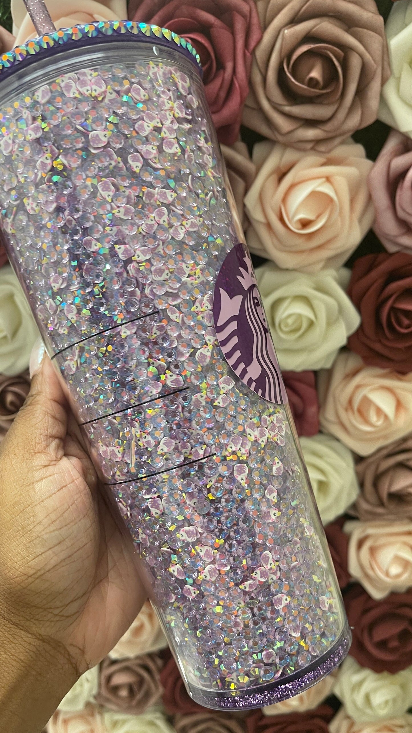 Starbucks Light Purple AB Rhinestones with Unicorn Polymer Clay,Rhinestone Filled Tumbler,Rhinestone Lid