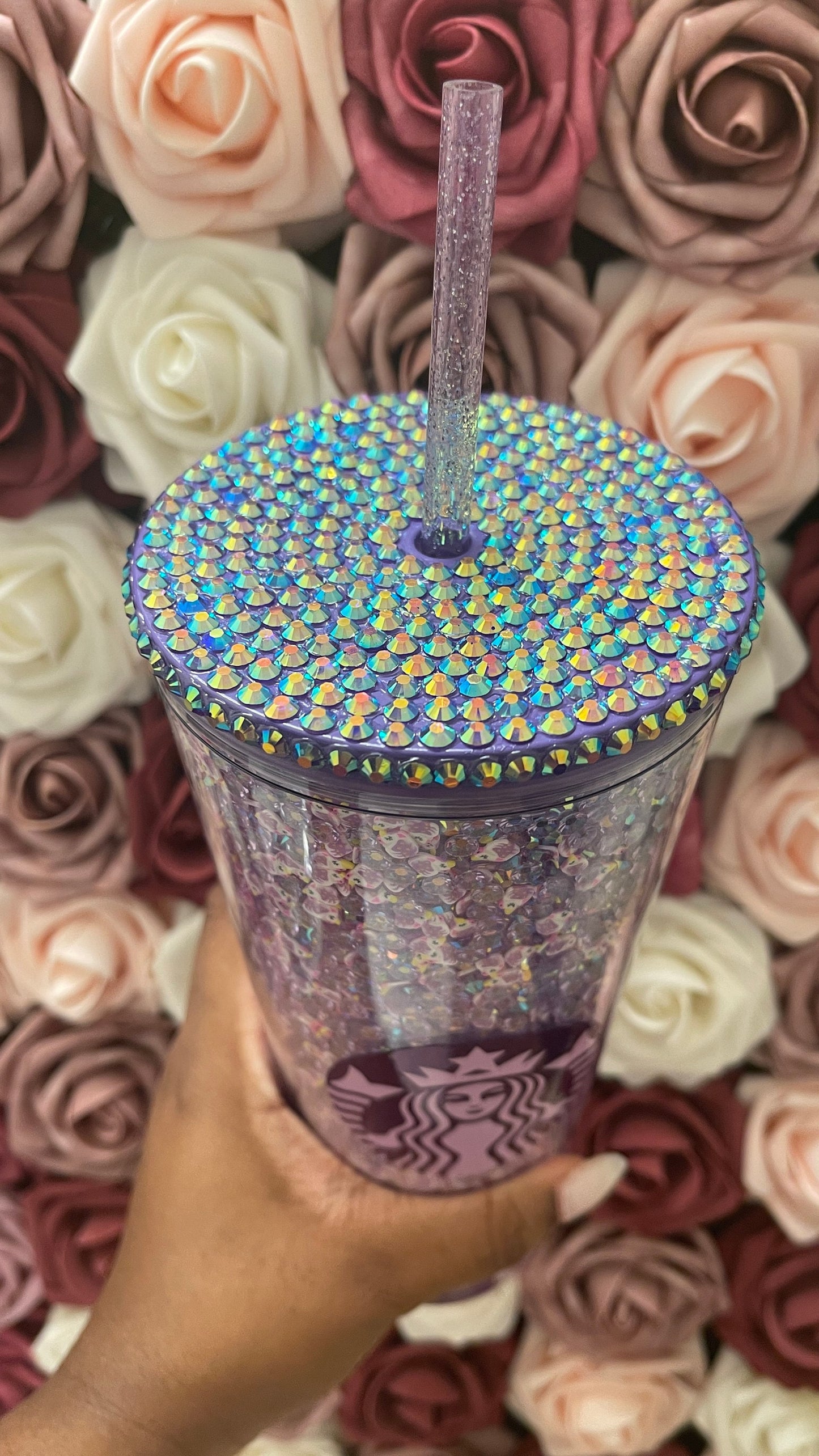 Starbucks Light Purple AB Rhinestones with Unicorn Polymer Clay,Rhinestone Filled Tumbler,Rhinestone Lid