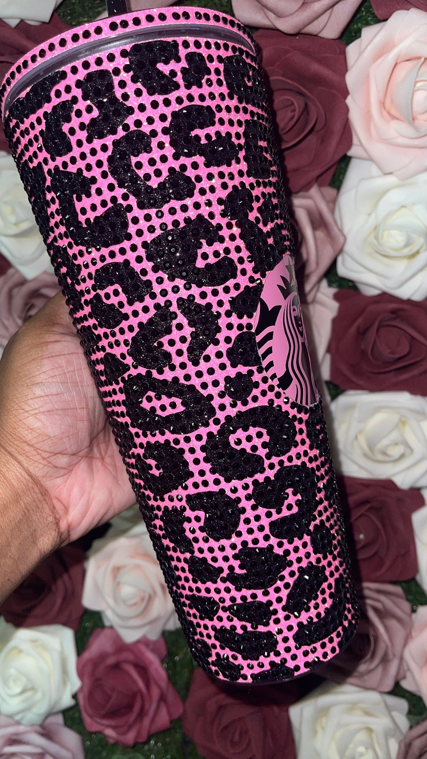 Neon Pink and Black Glitter HTV with Black Rhinestones Cheetah Leopard Print Vinyl & Rhinestone Full Bling Venti Acrylic Tumbler 24oz