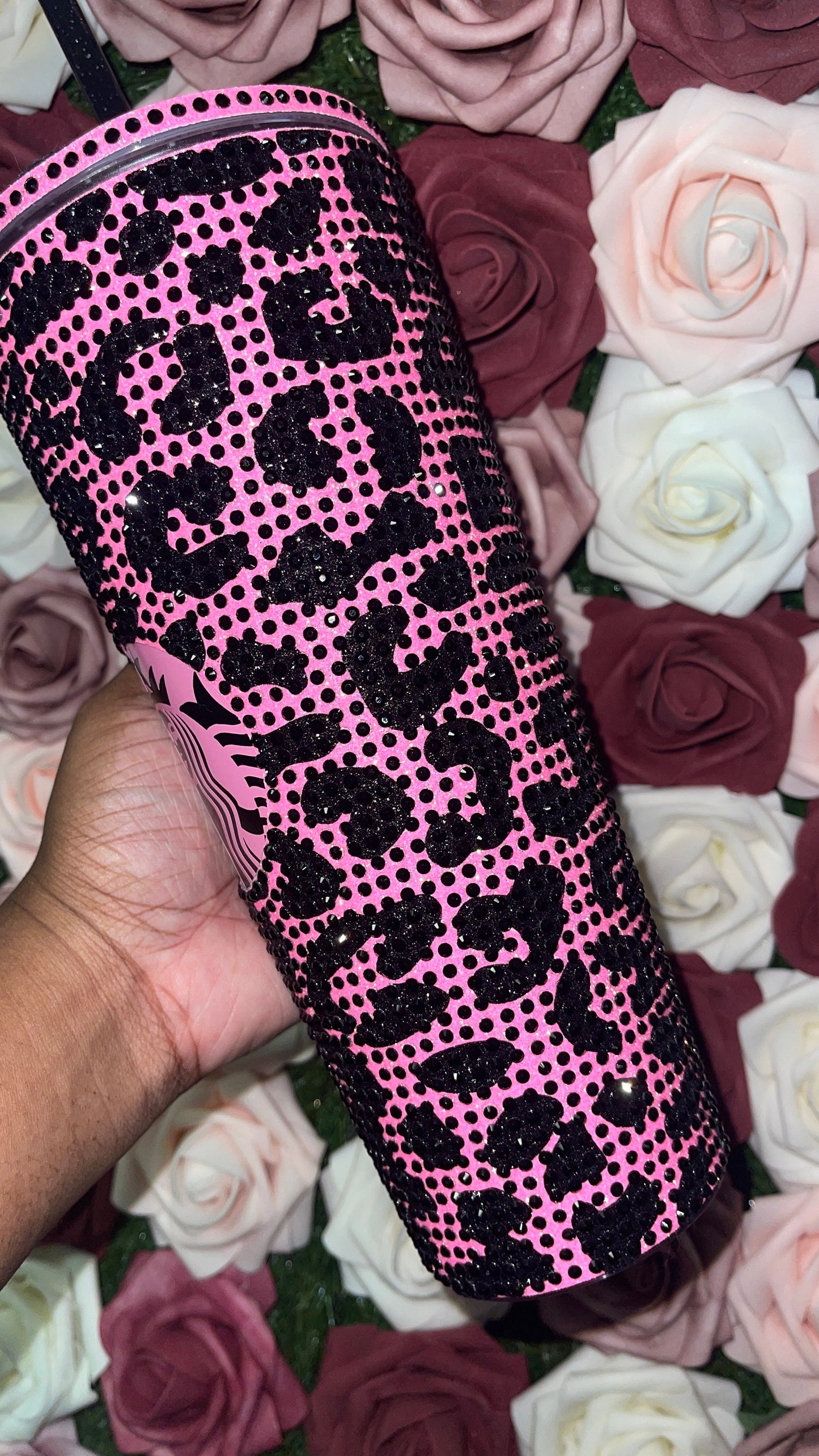 Neon Pink and Black Glitter HTV with Black Rhinestones Cheetah Leopard Print Vinyl & Rhinestone Full Bling Venti Acrylic Tumbler 24oz