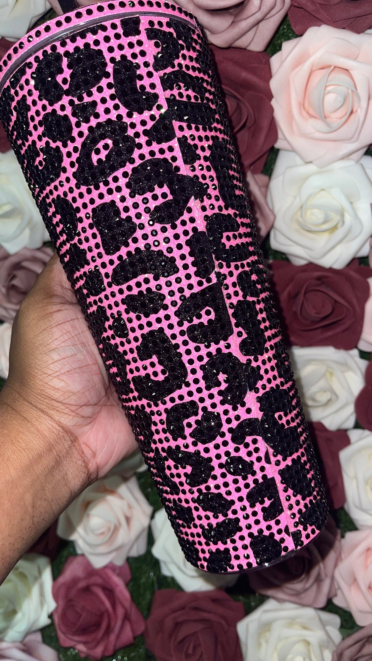 Neon Pink and Black Glitter HTV with Black Rhinestones Cheetah Leopard Print Vinyl & Rhinestone Full Bling Venti Acrylic Tumbler 24oz