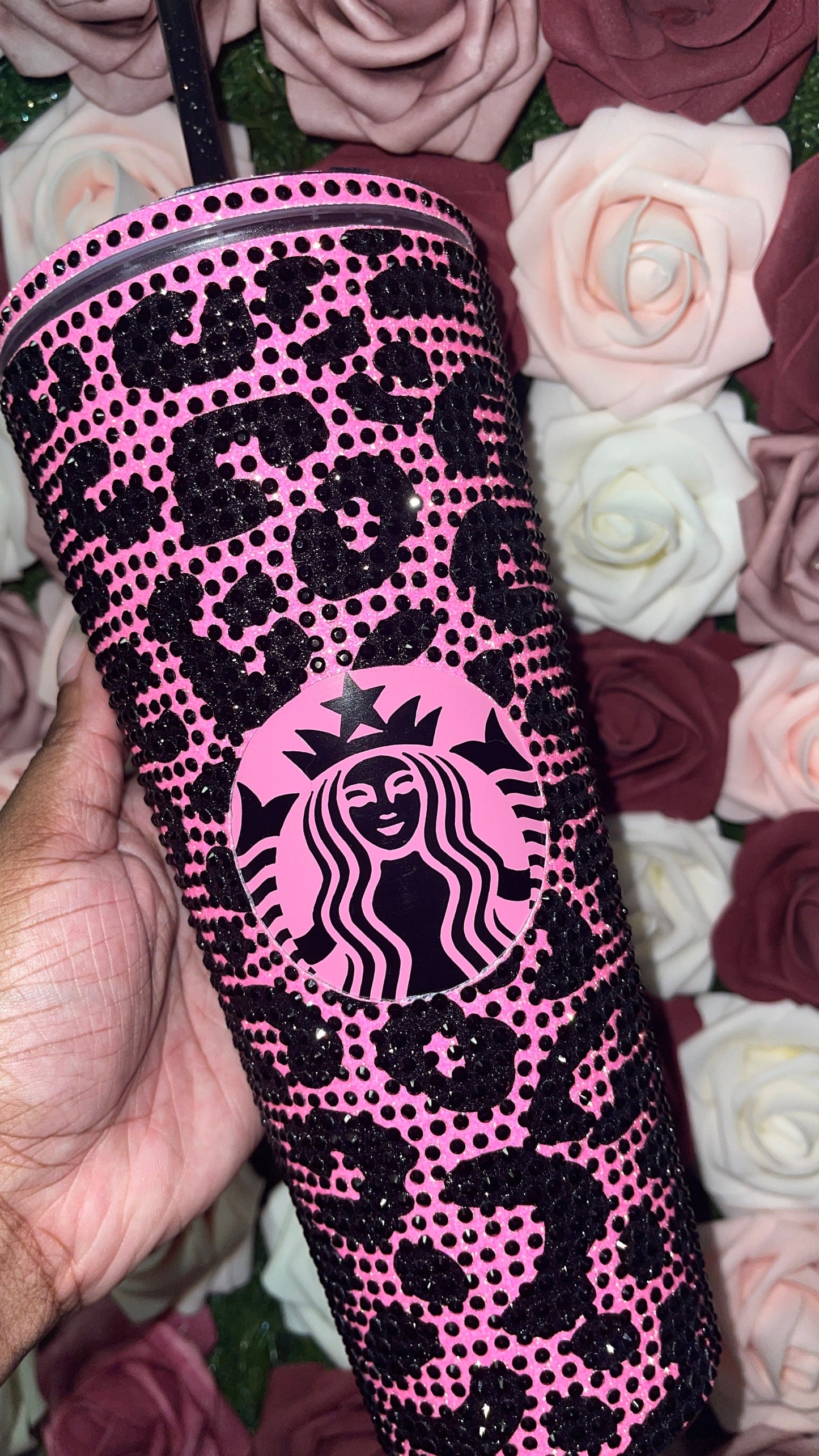 Neon Pink and Black Glitter HTV with Black Rhinestones Cheetah Leopard Print Vinyl & Rhinestone Full Bling Venti Acrylic Tumbler 24oz