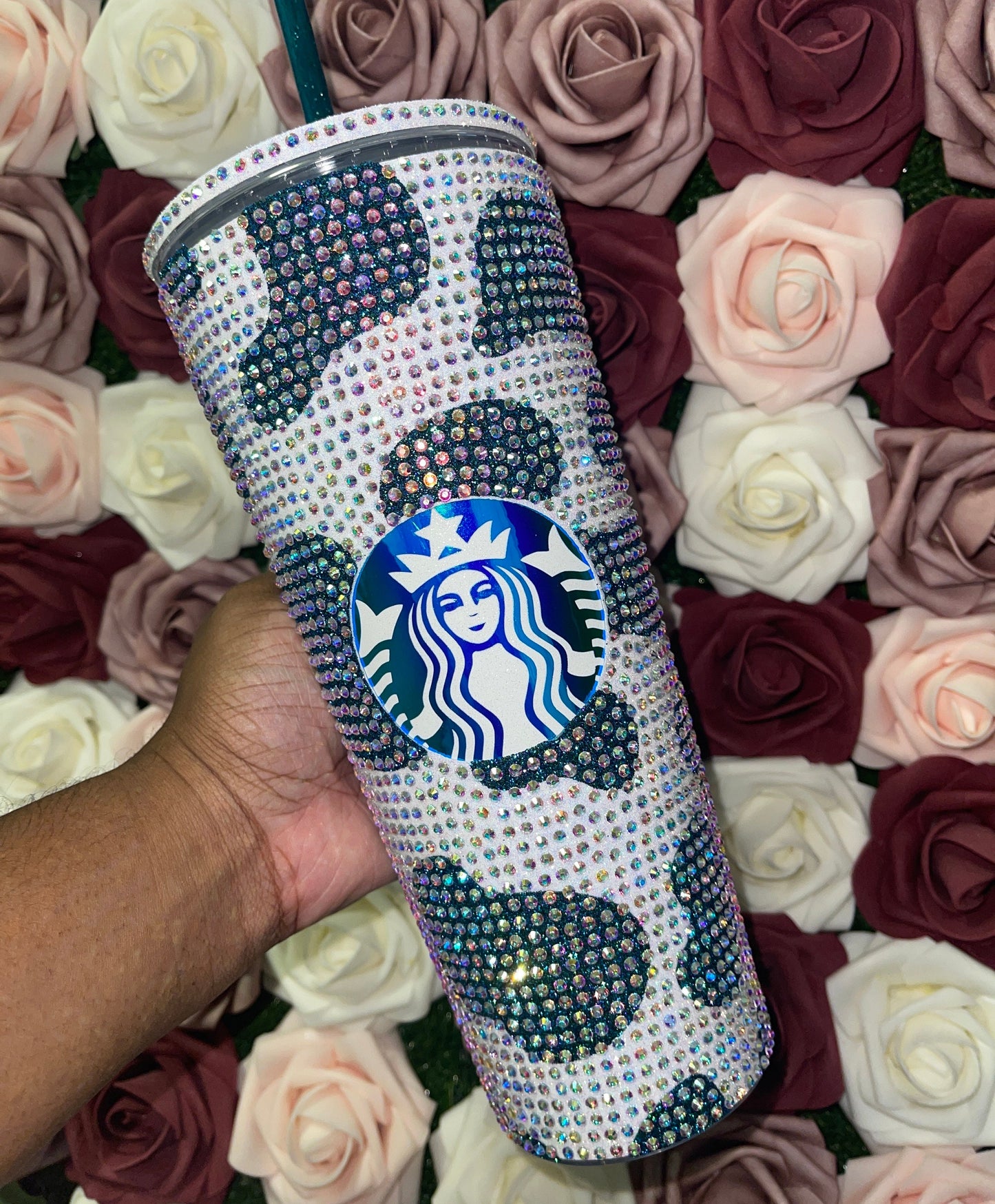 Rainbow White Cow Print with Lagoon Vinyl Cow Spots with Crystal AB Rhinestones Full Bling Venti Acrylic Starbucks Tumbler 16 or 24oz