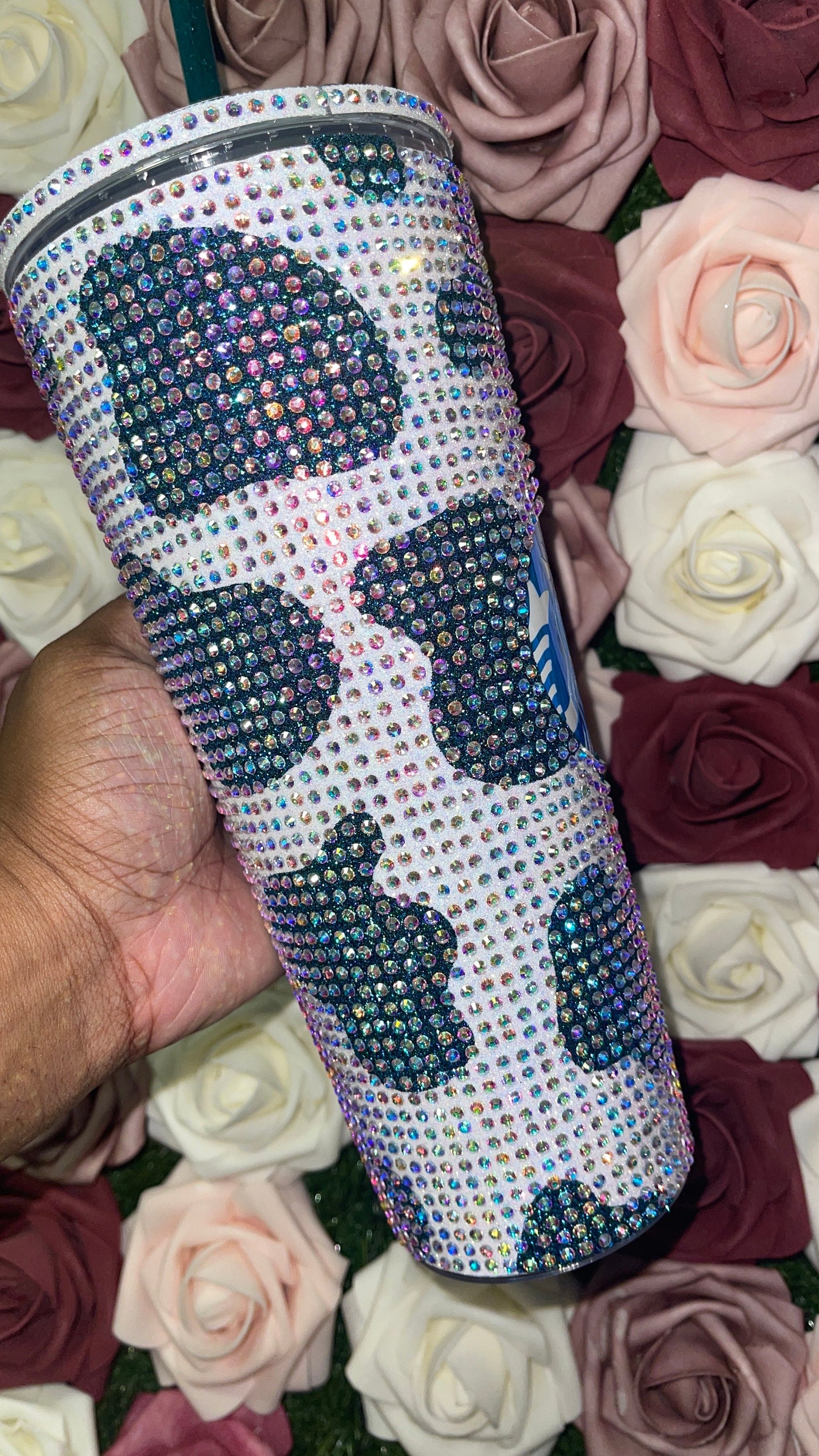 Rainbow White Cow Print with Lagoon Vinyl Cow Spots with Crystal AB Rhinestones Full Bling Venti Acrylic Starbucks Tumbler 16 or 24oz