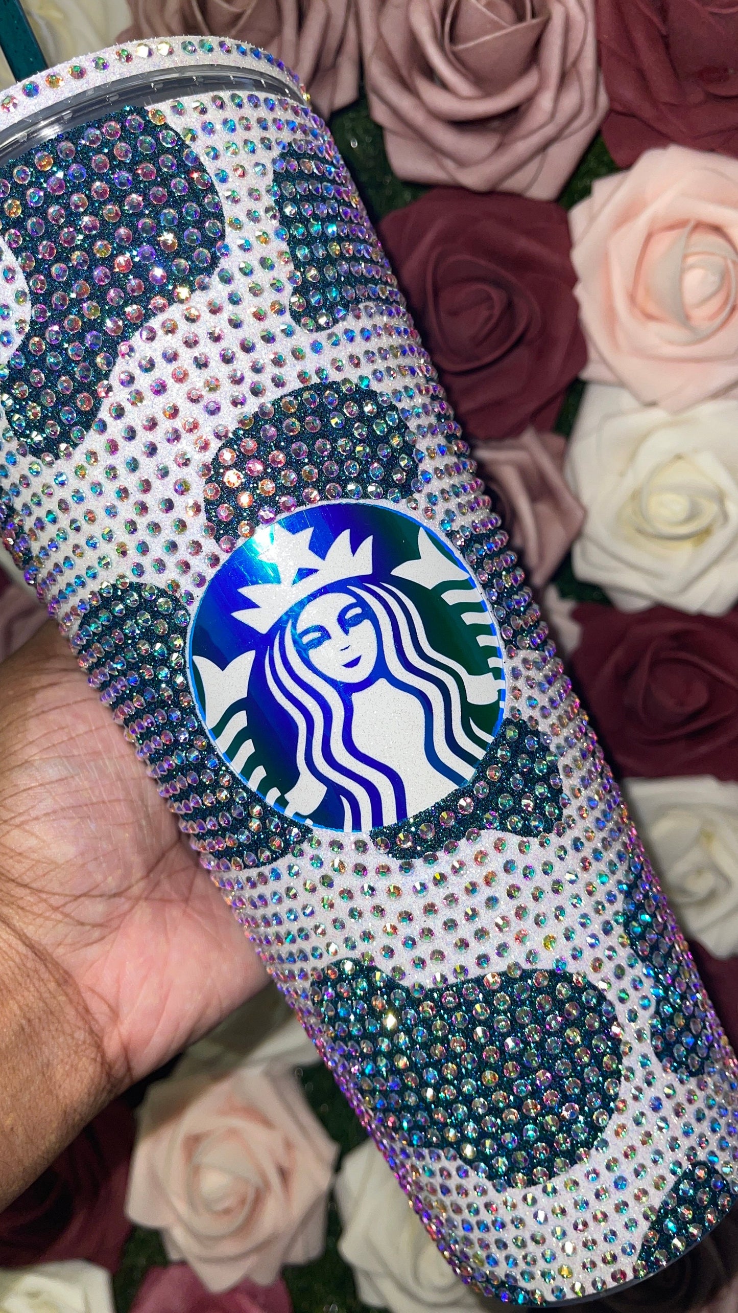 Rainbow White Cow Print with Lagoon Vinyl Cow Spots with Crystal AB Rhinestones Full Bling Venti Acrylic Starbucks Tumbler 16 or 24oz