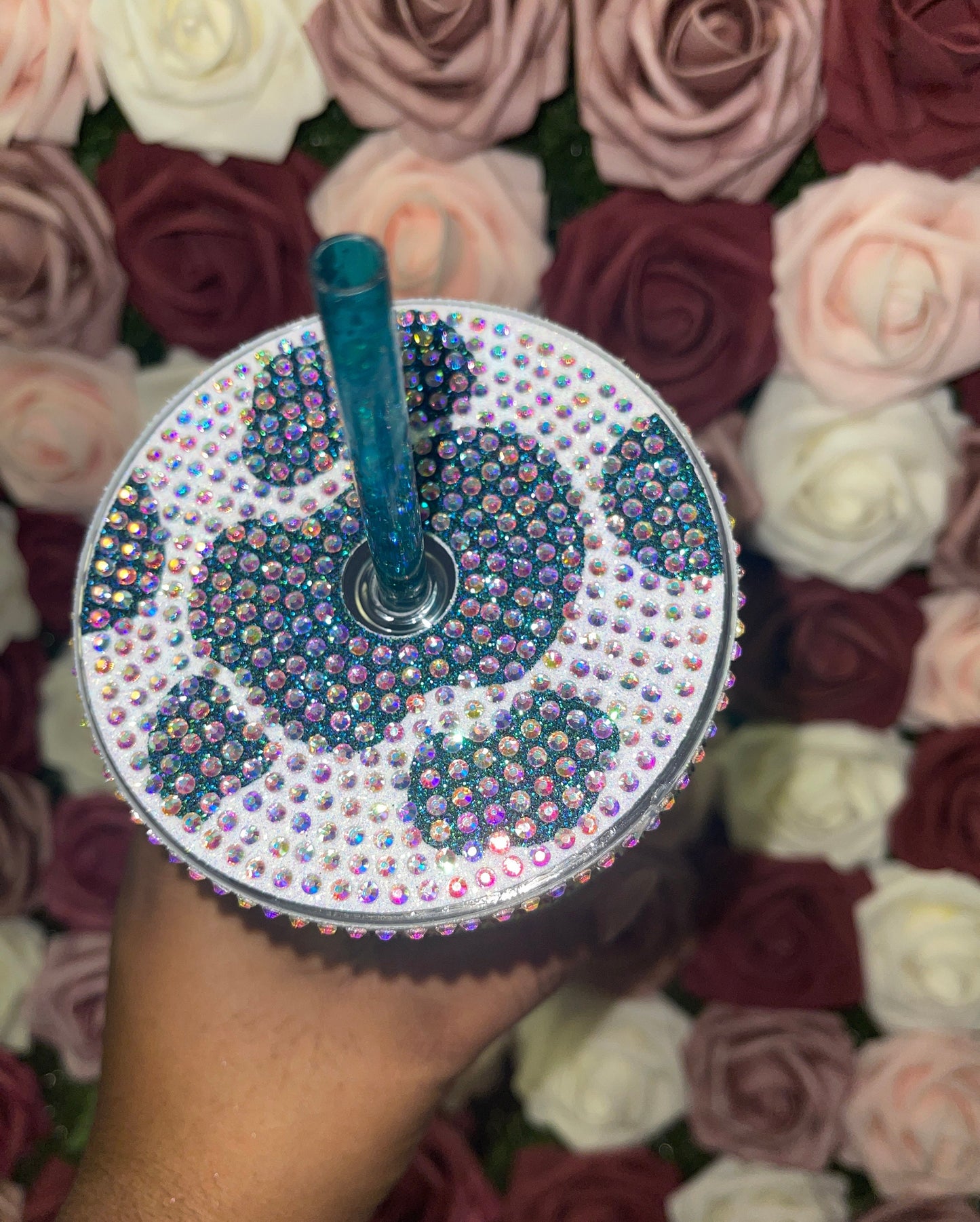 Rainbow White Cow Print with Lagoon Vinyl Cow Spots with Crystal AB Rhinestones Full Bling Venti Acrylic Starbucks Tumbler 16 or 24oz