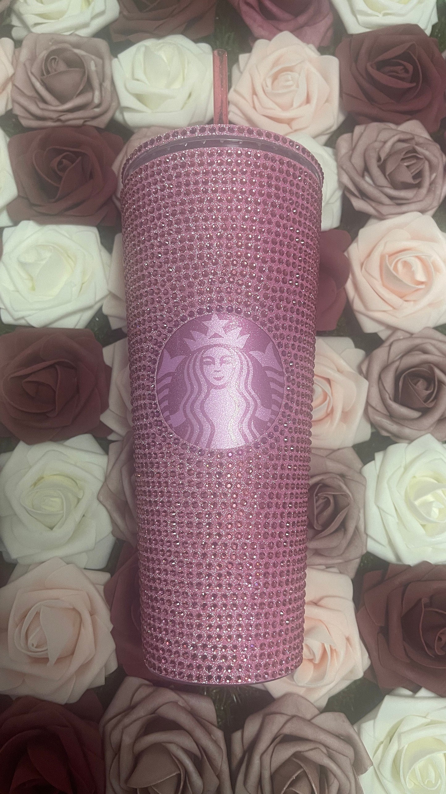 Flamingo Pink Vinyl With Rose Pink Full Glitter Rhinestone Bling Venti Acrylic Starbucks Tumbler 24oz