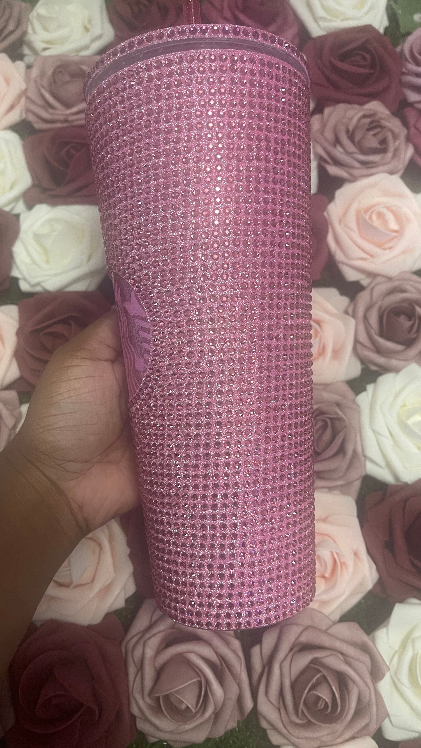 Flamingo Pink Vinyl With Rose Pink Full Glitter Rhinestone Bling Venti Acrylic Starbucks Tumbler 24oz