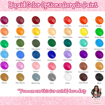 a collection of colorful acrylic paint swatches arranged in a grid format, with each swatch representing a different liquid color option.