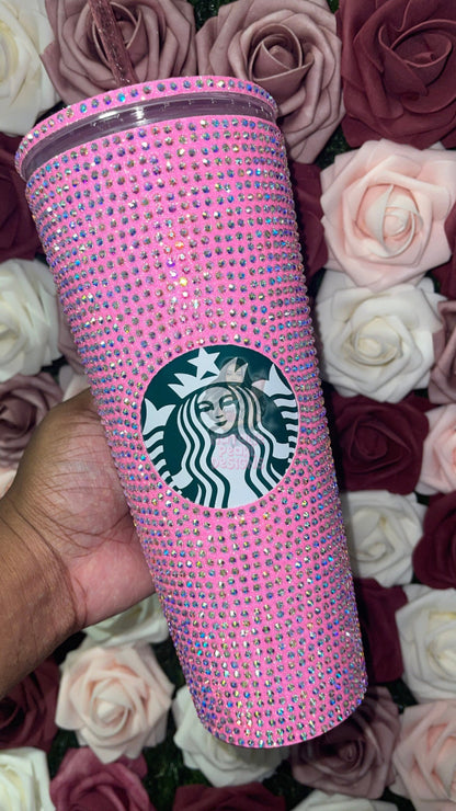 Neon Pink With Crystal AB Full Glitter Rhinestone Bling Venti Acrylic Starbucks Tumbler 24oz